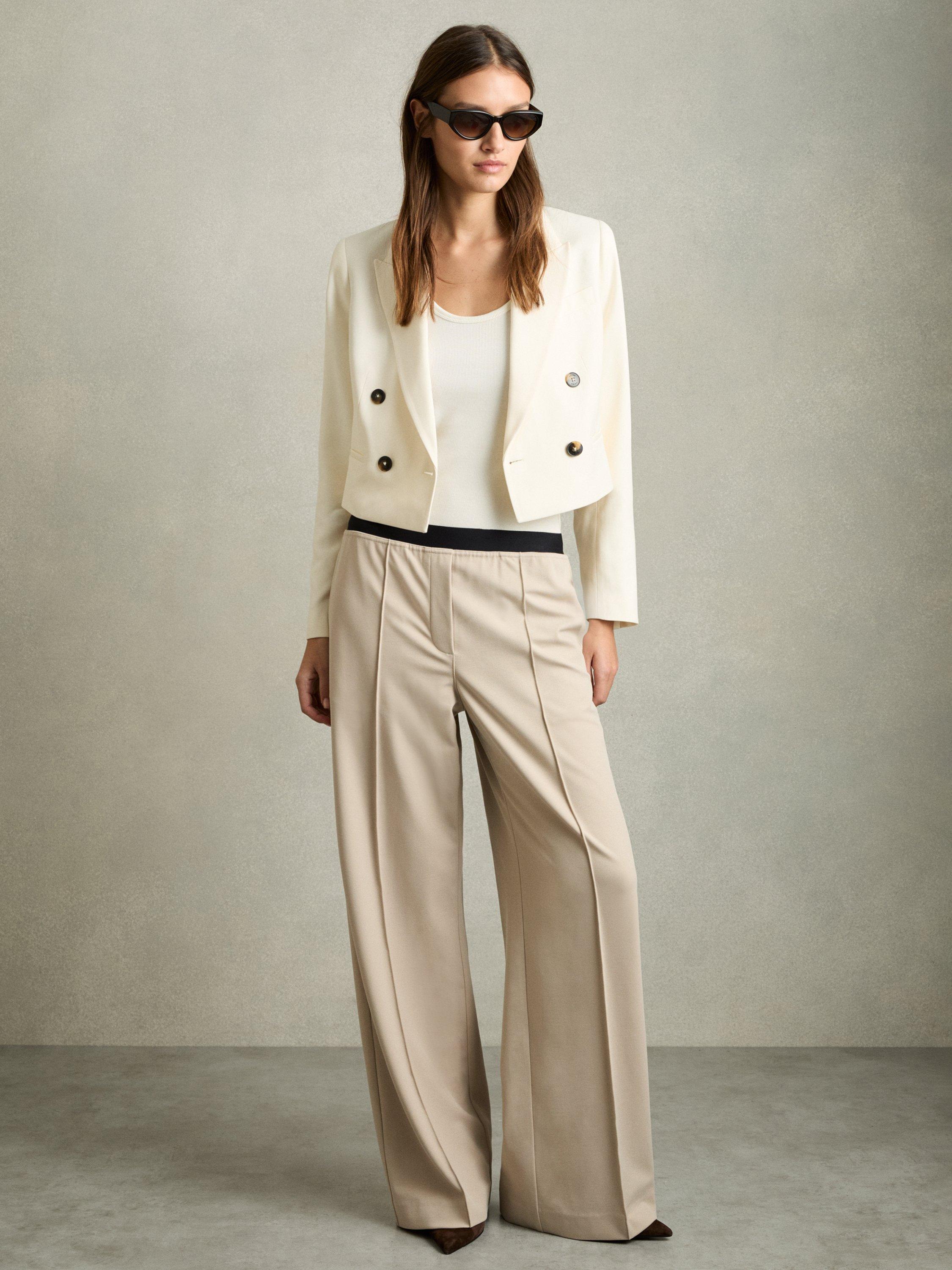 Product image 1 of 5, which shows Reiss Lucia Wide Leg Trousers, Beige, 8R