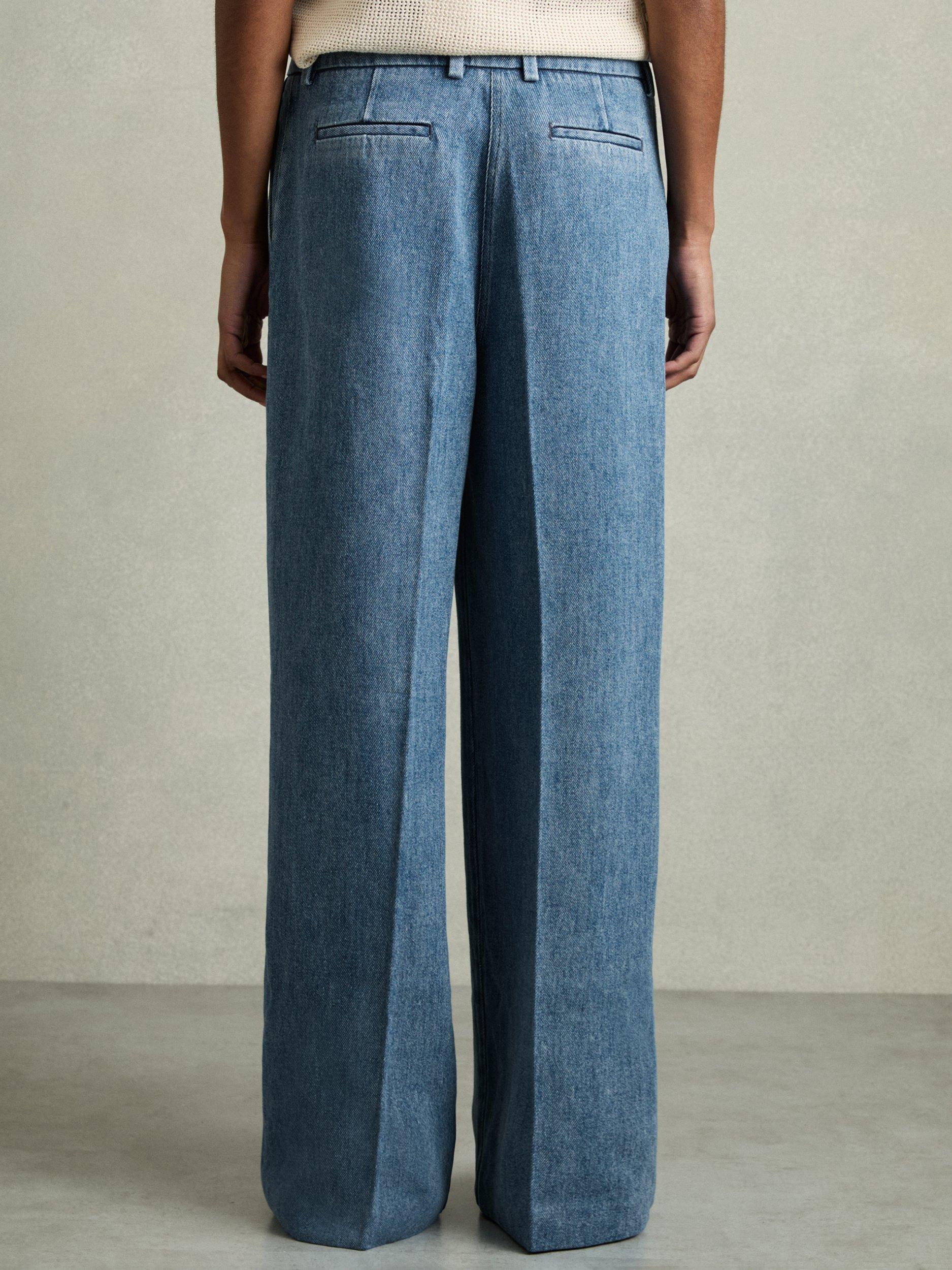 Product image 2 of 5, which shows Reiss Petite Reed Denim Look Wide Leg Trousers, Mid Blue, 6Pt