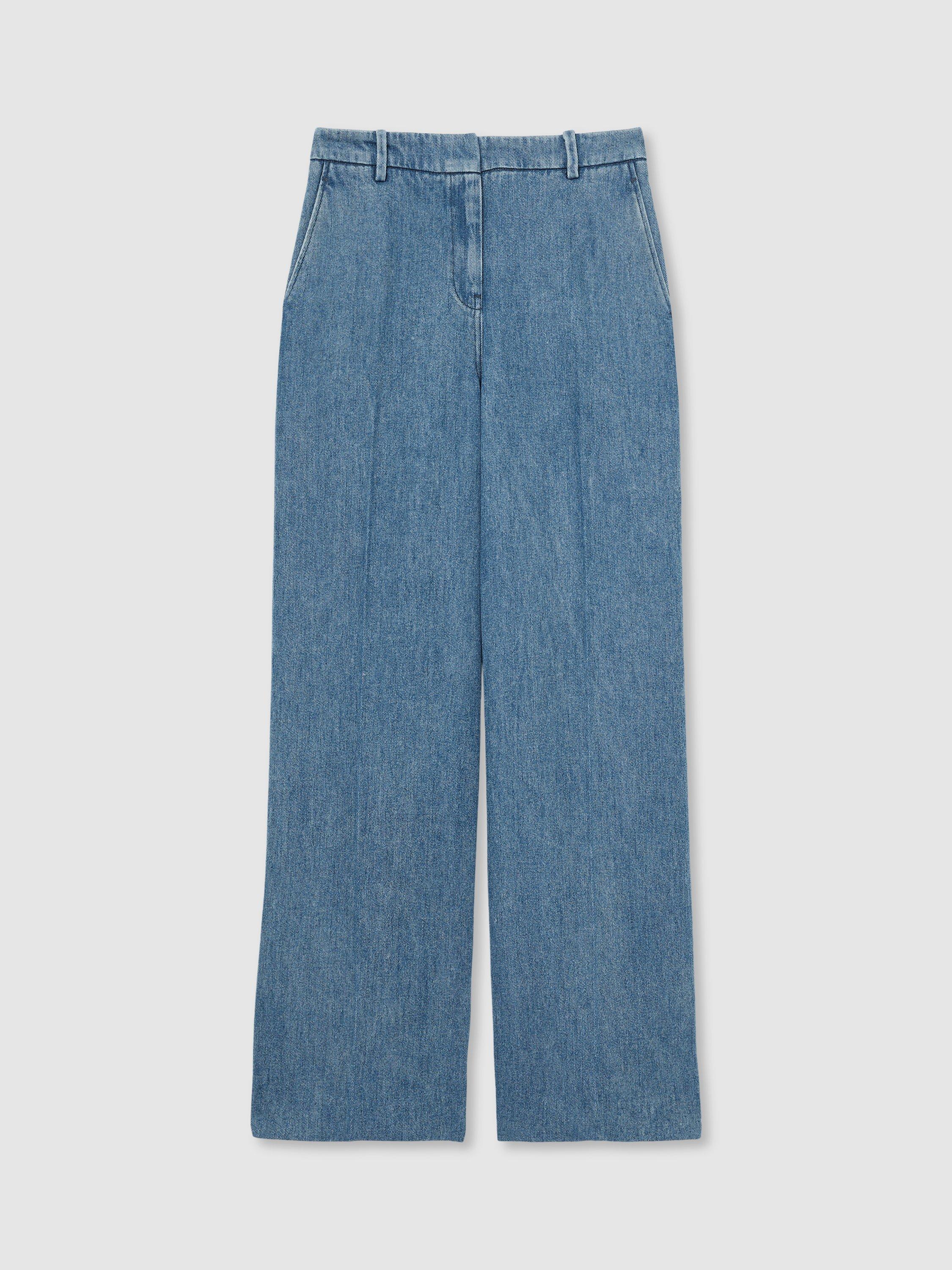 Product image 3 of 5, which shows Reiss Petite Reed Denim Look Wide Leg Trousers, Mid Blue, 6Pt