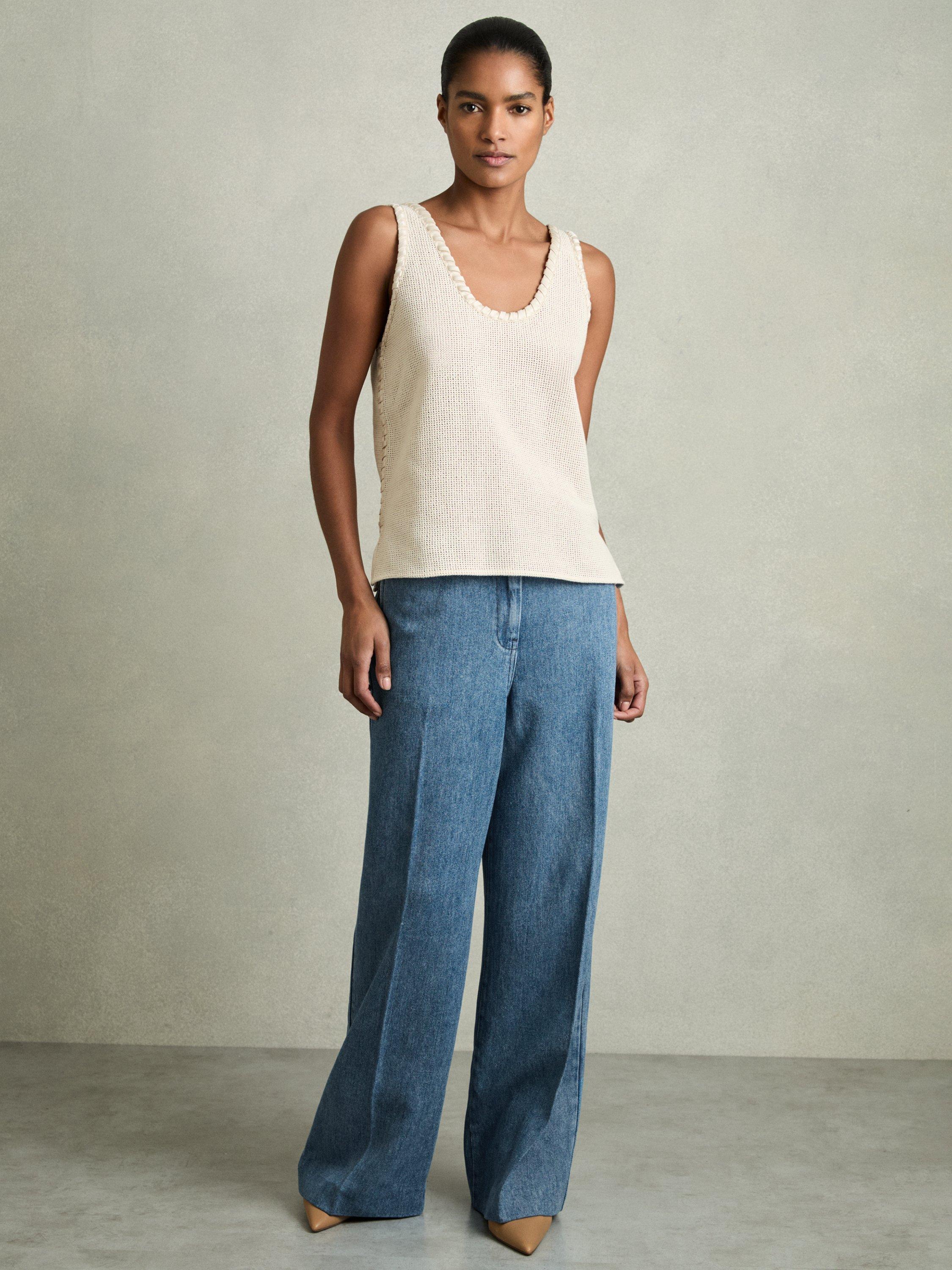 Product image 4 of 5, which shows Reiss Petite Reed Denim Look Wide Leg Trousers, Mid Blue, 6Pt