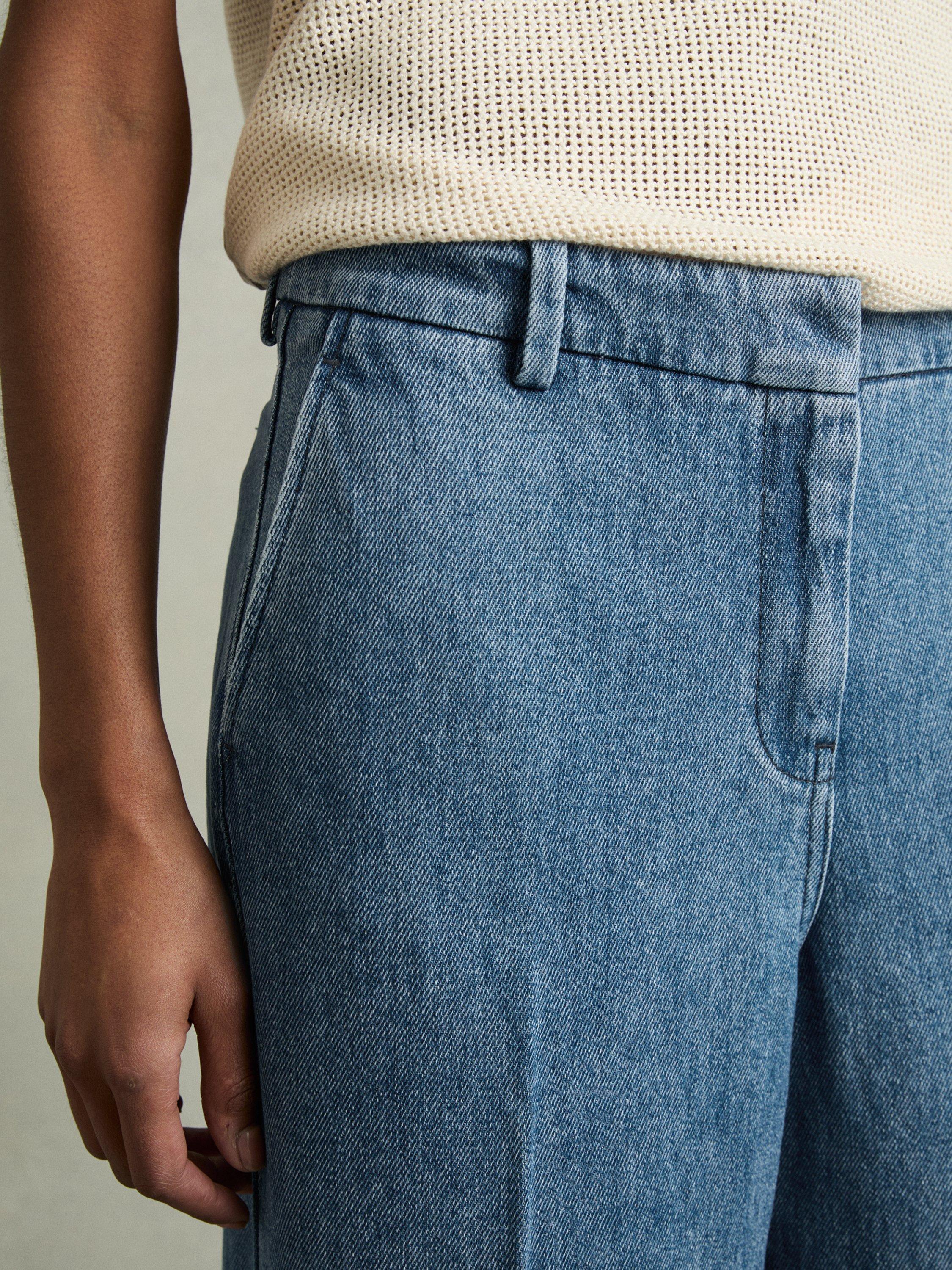 Product image 5 of 5, which shows Reiss Petite Reed Denim Look Wide Leg Trousers, Mid Blue, 6Pt