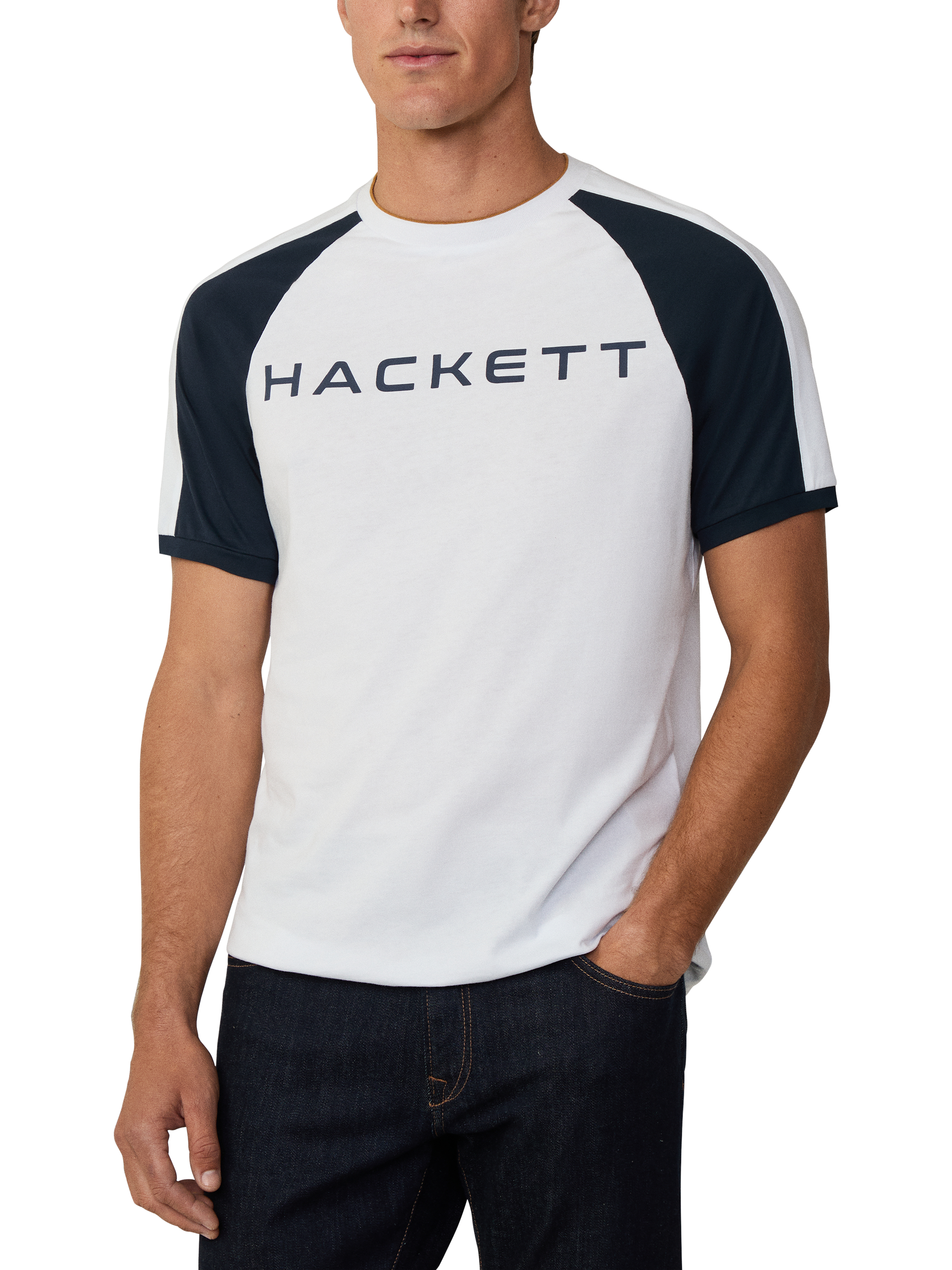 Product image 1 of 6, which shows Hackett London Cotton Classic Fit Short Sleeve Colour Block T-Shirt, White, XS