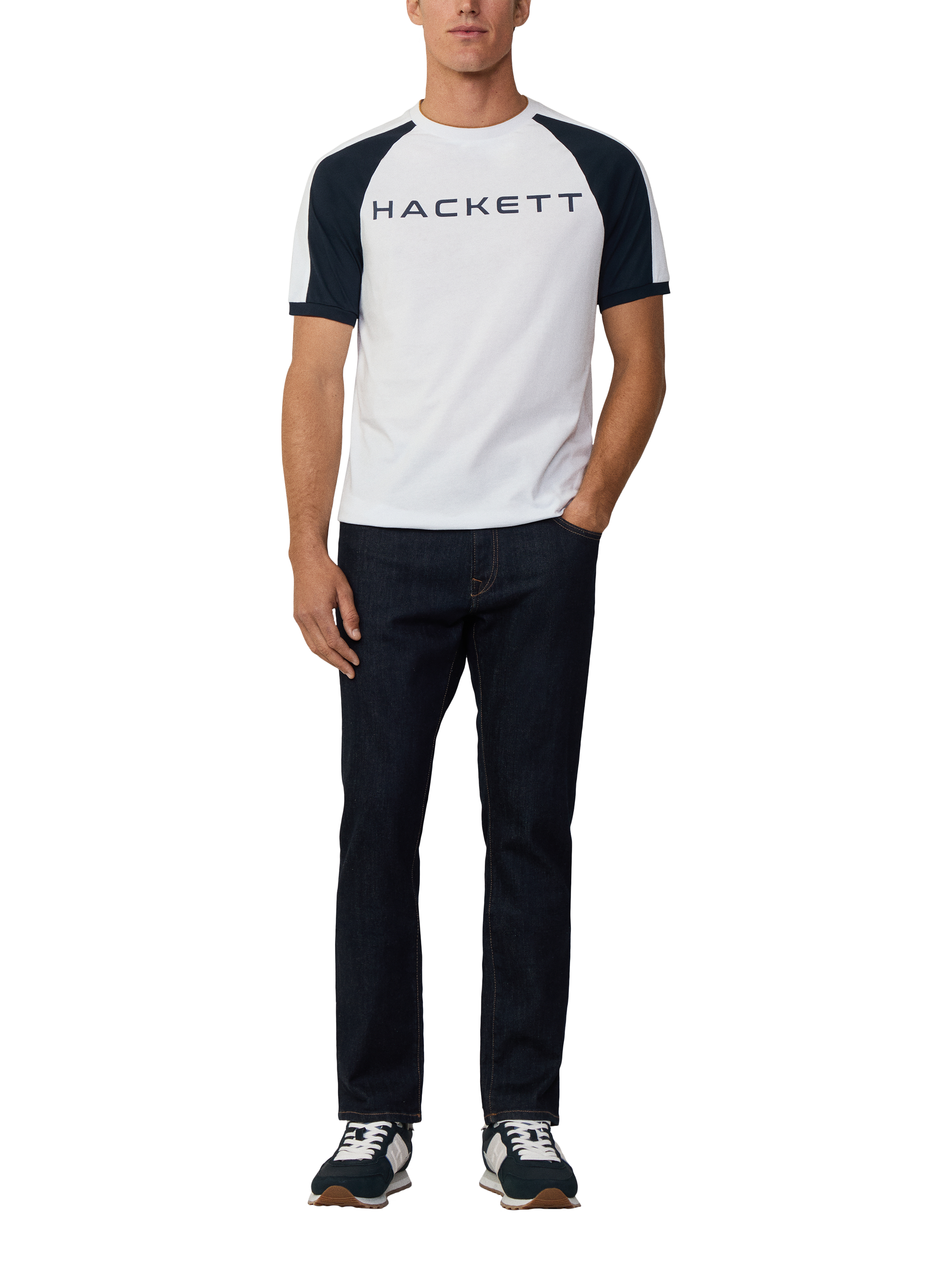 Product image 2 of 6, which shows Hackett London Cotton Classic Fit Short Sleeve Colour Block T-Shirt, White, XS