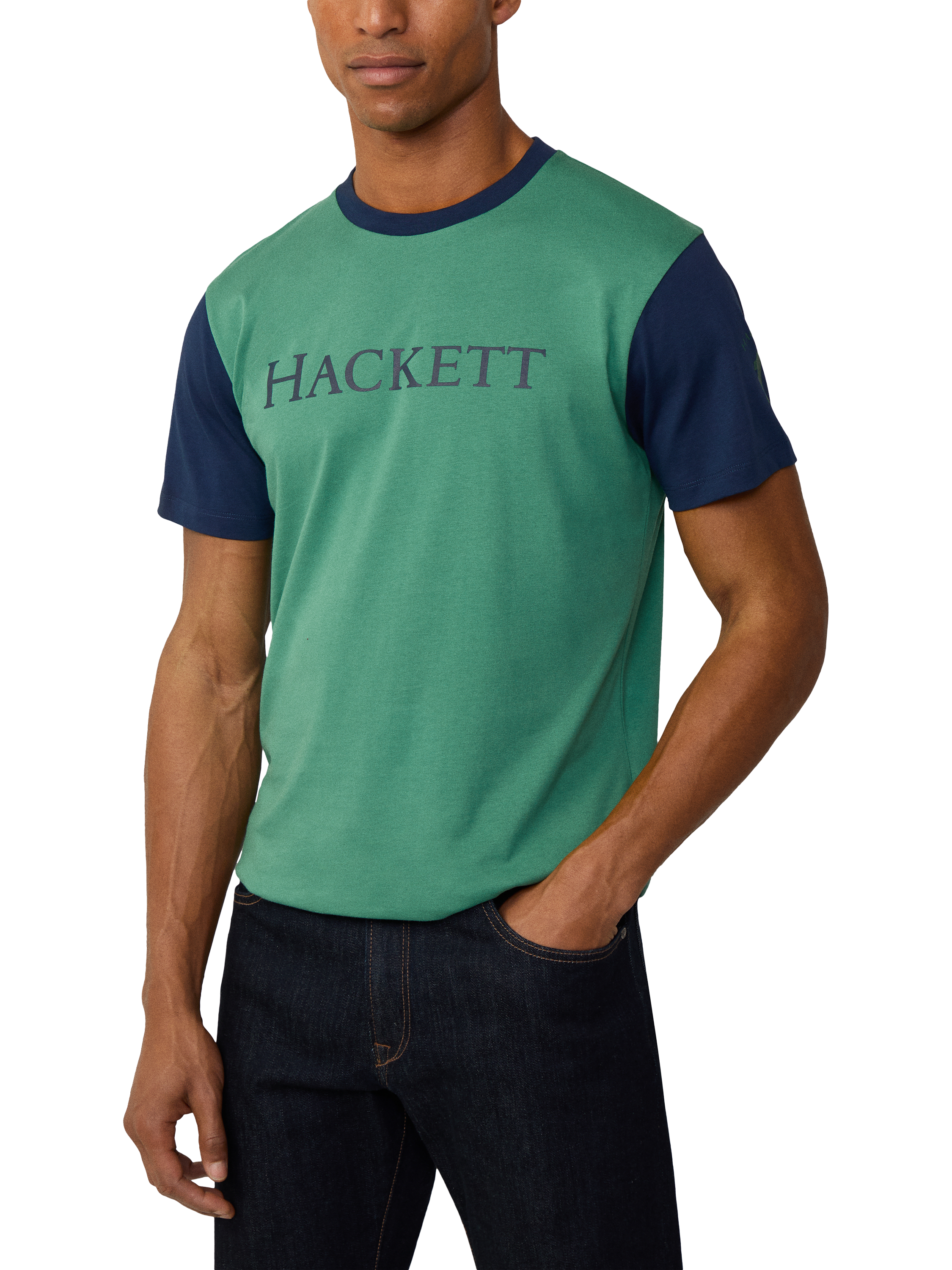 Product image 1 of 6, which shows Hackett London Cotton Regular Fit Short Sleeve Colour Block T-Shirt, Grass Green, XXXL