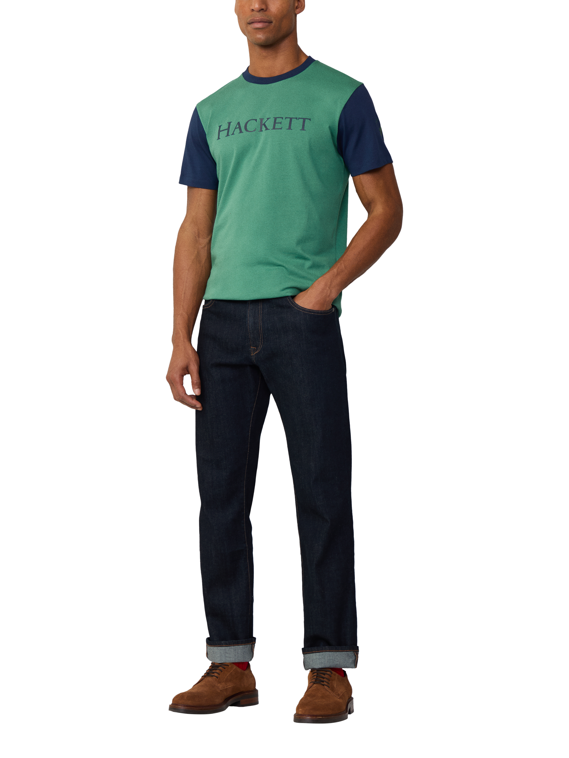 Product image 2 of 6, which shows Hackett London Cotton Regular Fit Short Sleeve Colour Block T-Shirt, Grass Green, XXXL