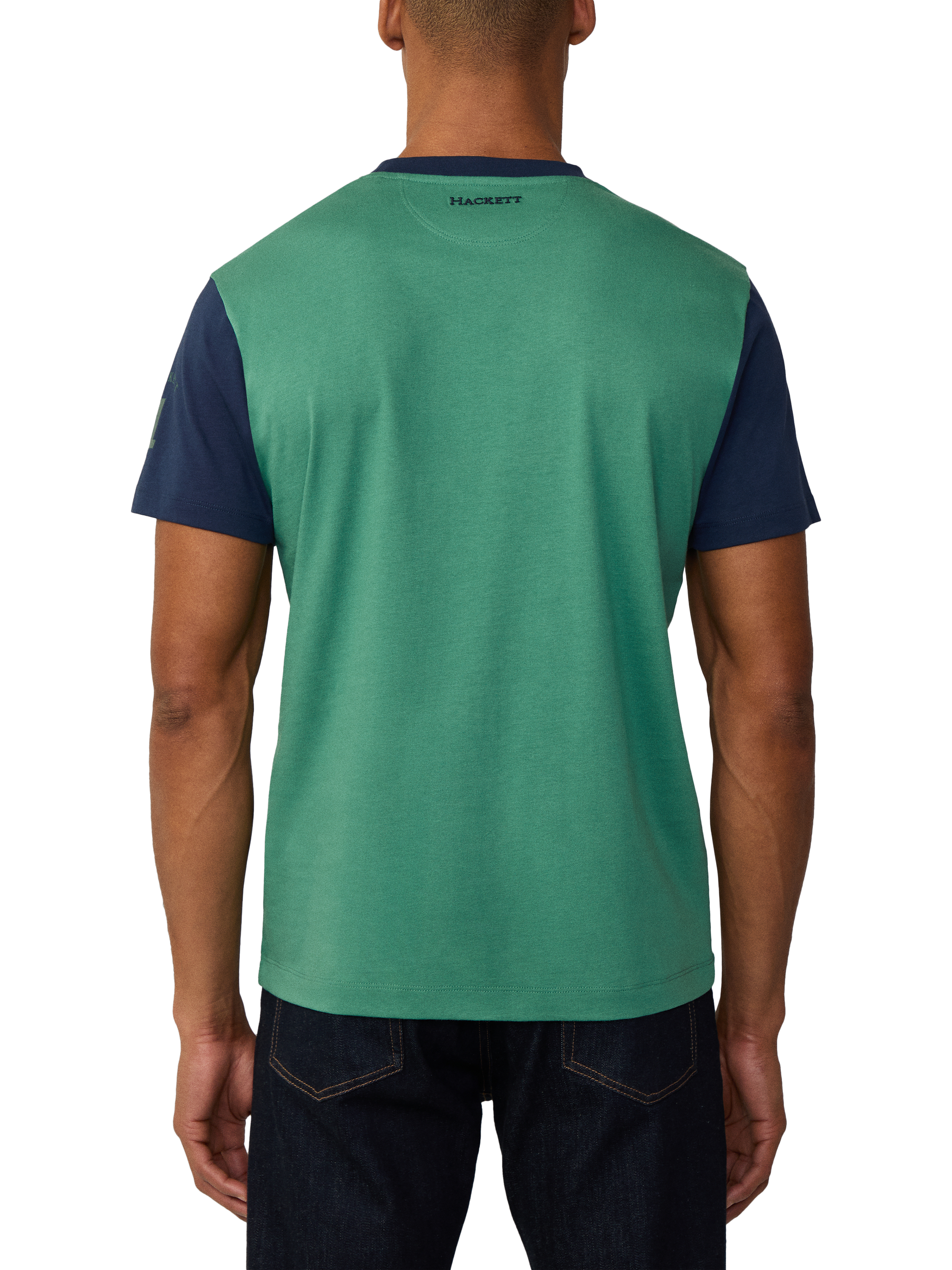 Product image 3 of 6, which shows Hackett London Cotton Regular Fit Short Sleeve Colour Block T-Shirt, Grass Green, XXXL