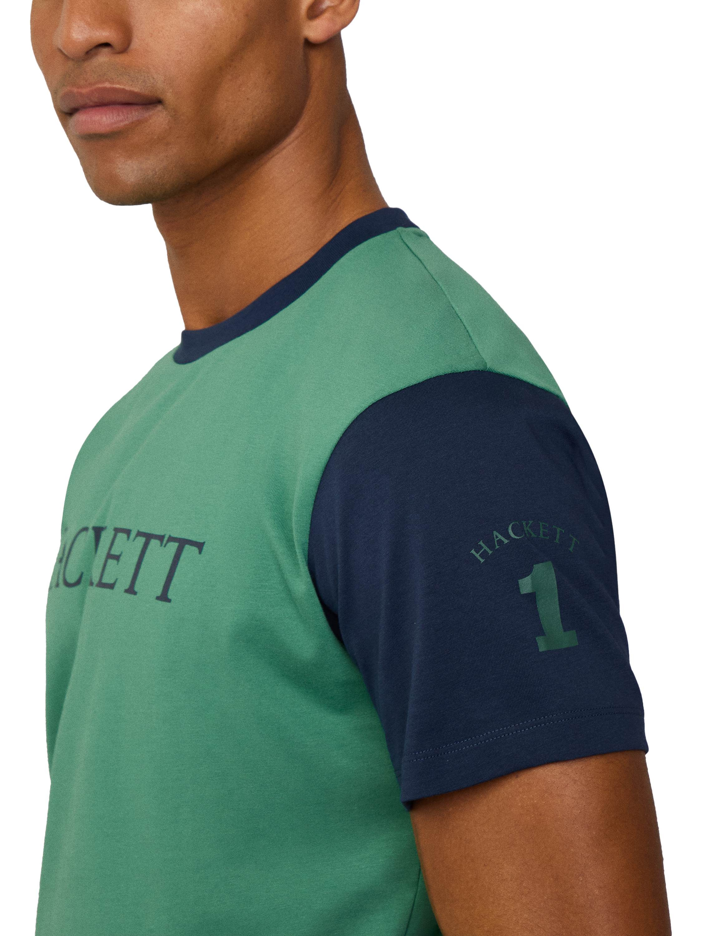 Product image 4 of 6, which shows Hackett London Cotton Regular Fit Short Sleeve Colour Block T-Shirt, Grass Green, XXXL