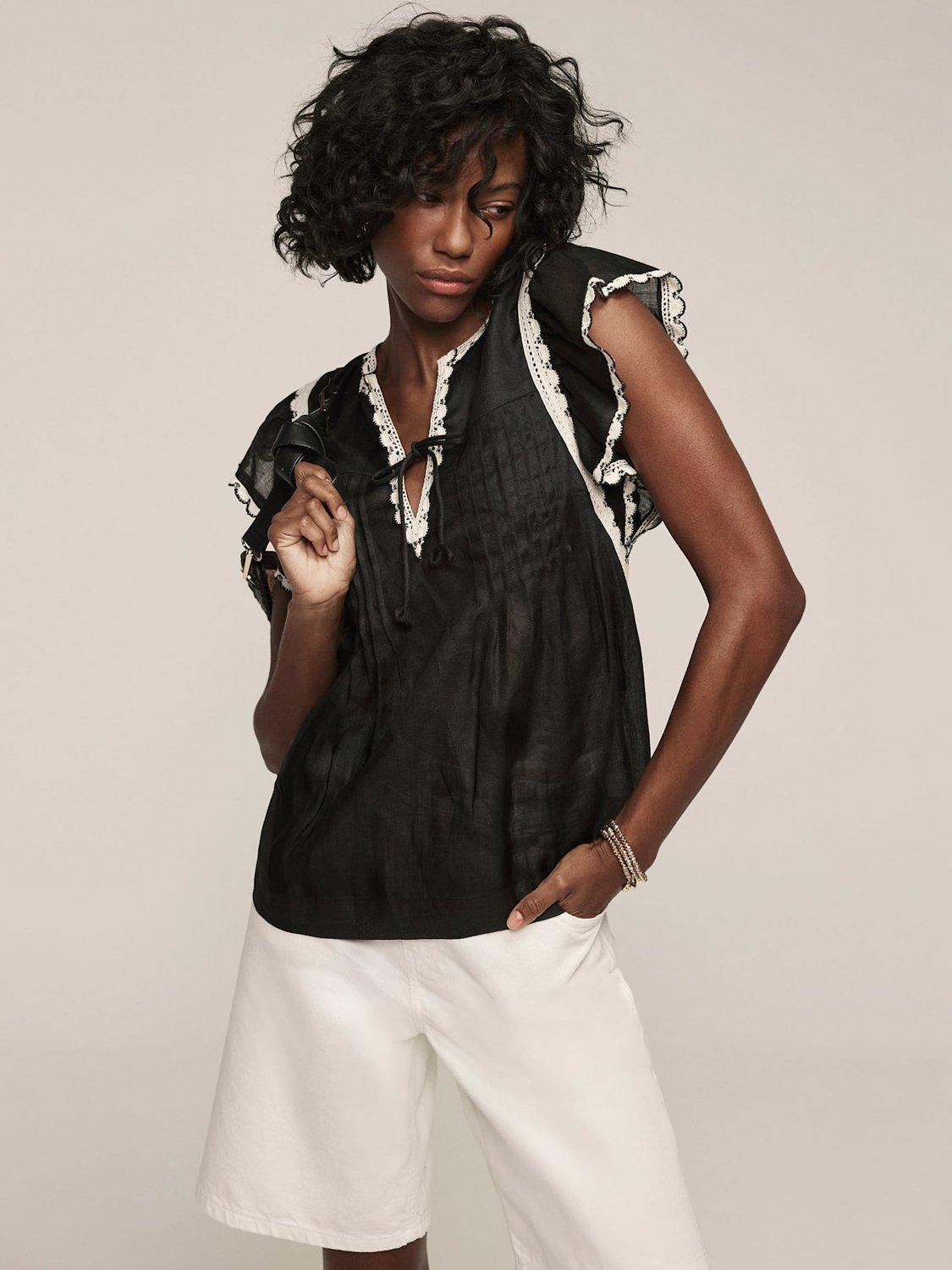 Product image 1 of 8, which shows Mint Velvet Contrast Trim Cap Sleeve Blouse, Black, S