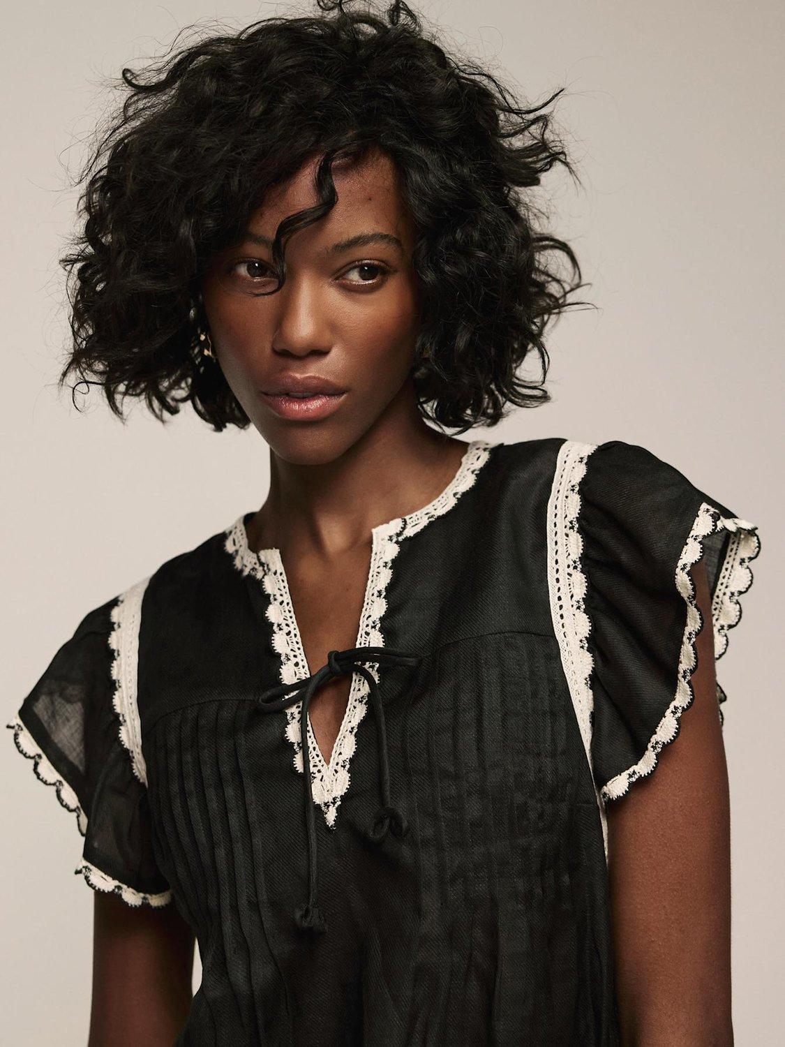 Product image 4 of 8, which shows Mint Velvet Contrast Trim Cap Sleeve Blouse, Black, S