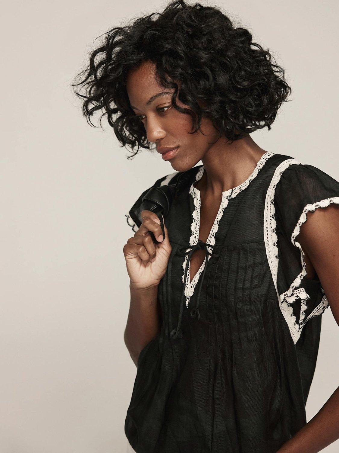 Product image 6 of 8, which shows Mint Velvet Contrast Trim Cap Sleeve Blouse, Black, S