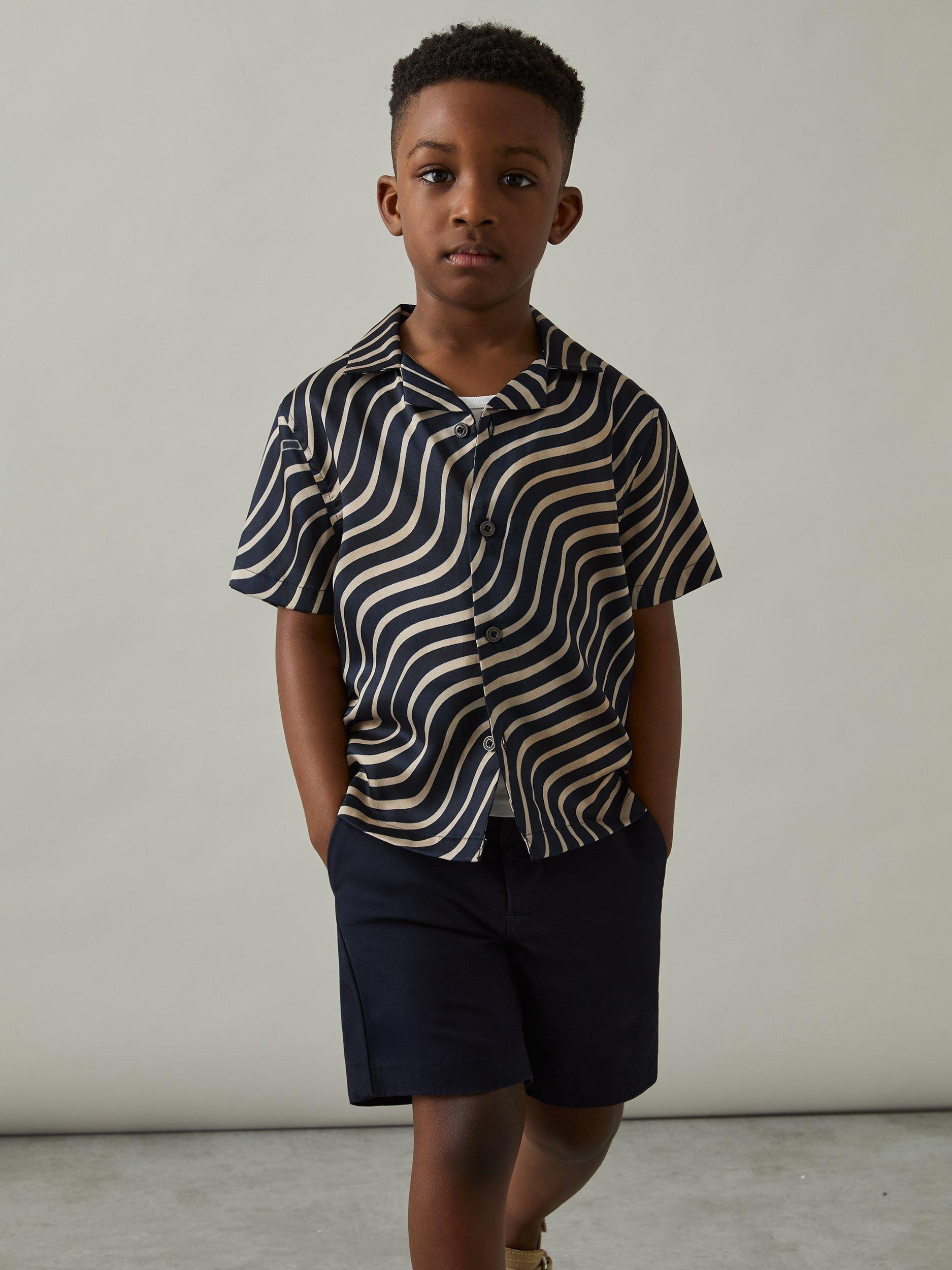 Product image 1 of 4, which shows Reiss Kids' Carbello Swirl Short Sleeve Shirt, Navy/ Off White, 3-4 years