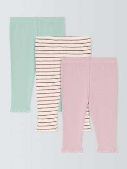 John Lewis Baby Ribbed Plain/Stripe Leggings, Pack of 3, Pink - view 2, Pink