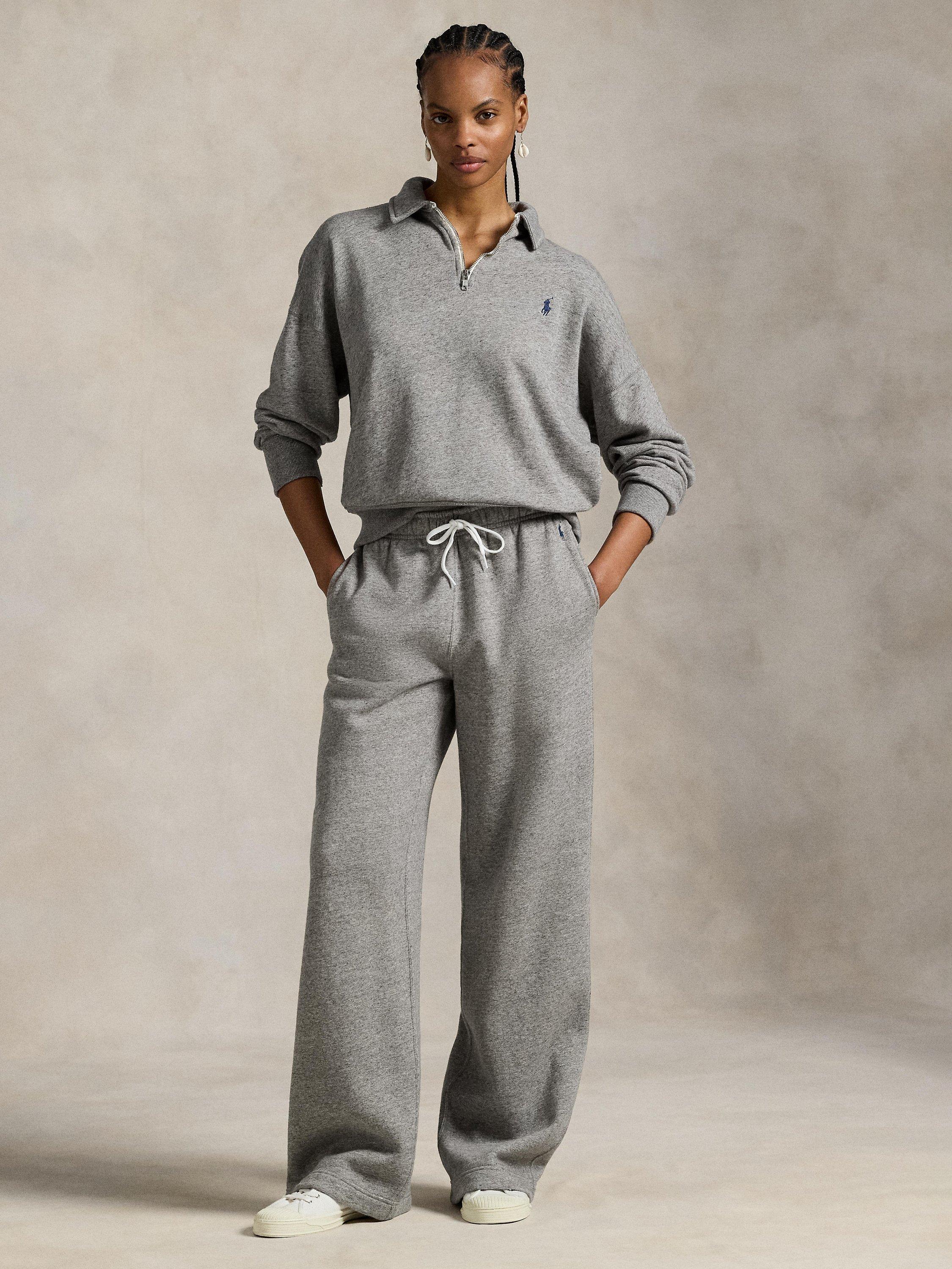 Product image 1 of 5, which shows Polo Ralph Lauren Wide Leg Cotton Blend Fleece Joggers, Grey, XS