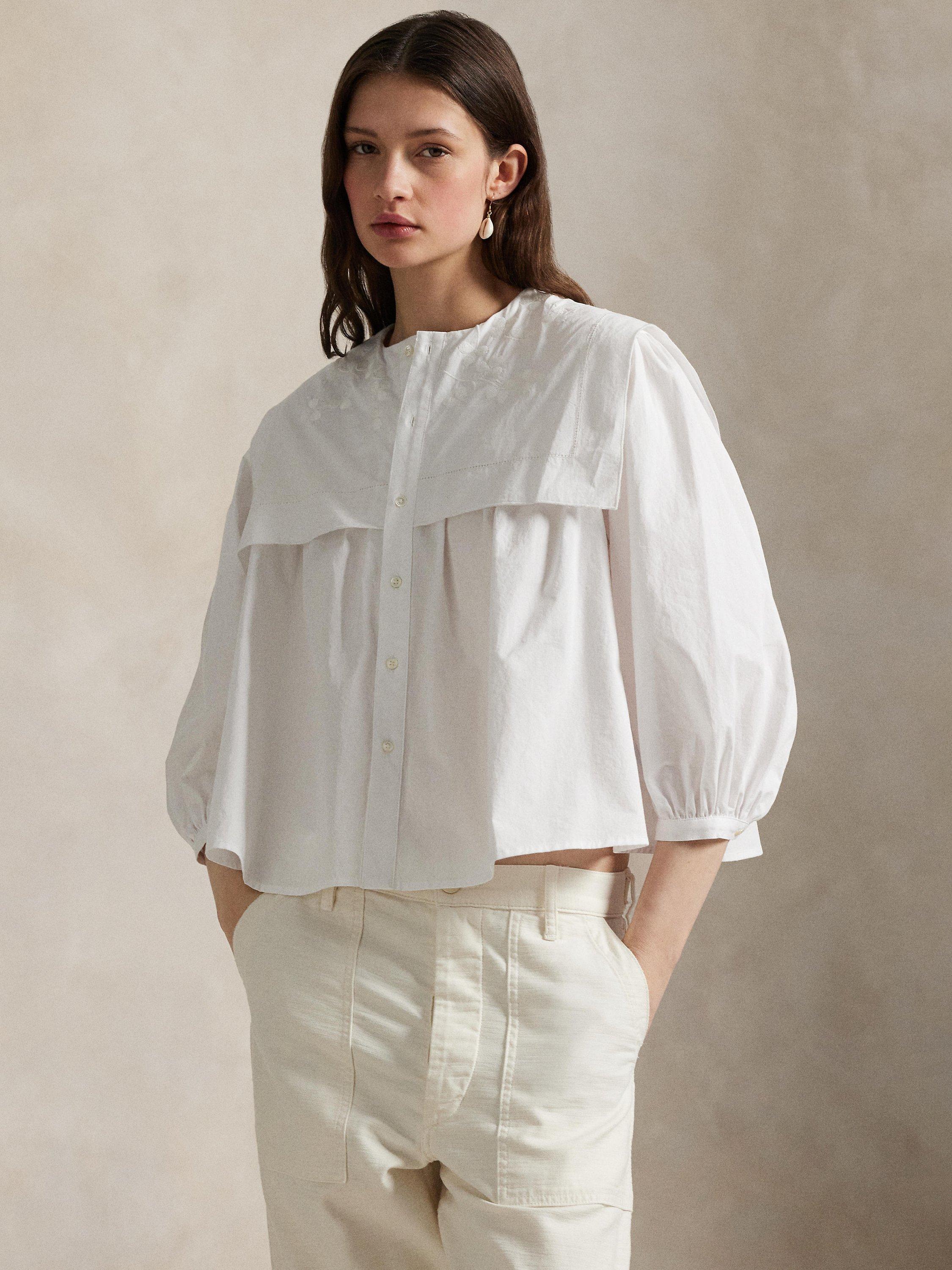 Product image 1 of 5, which shows Ralph Lauren Cotton Poplin Bib Blouse, White, 12