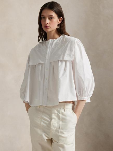 Ralph Lauren Cotton Poplin Bib Blouse, White, White