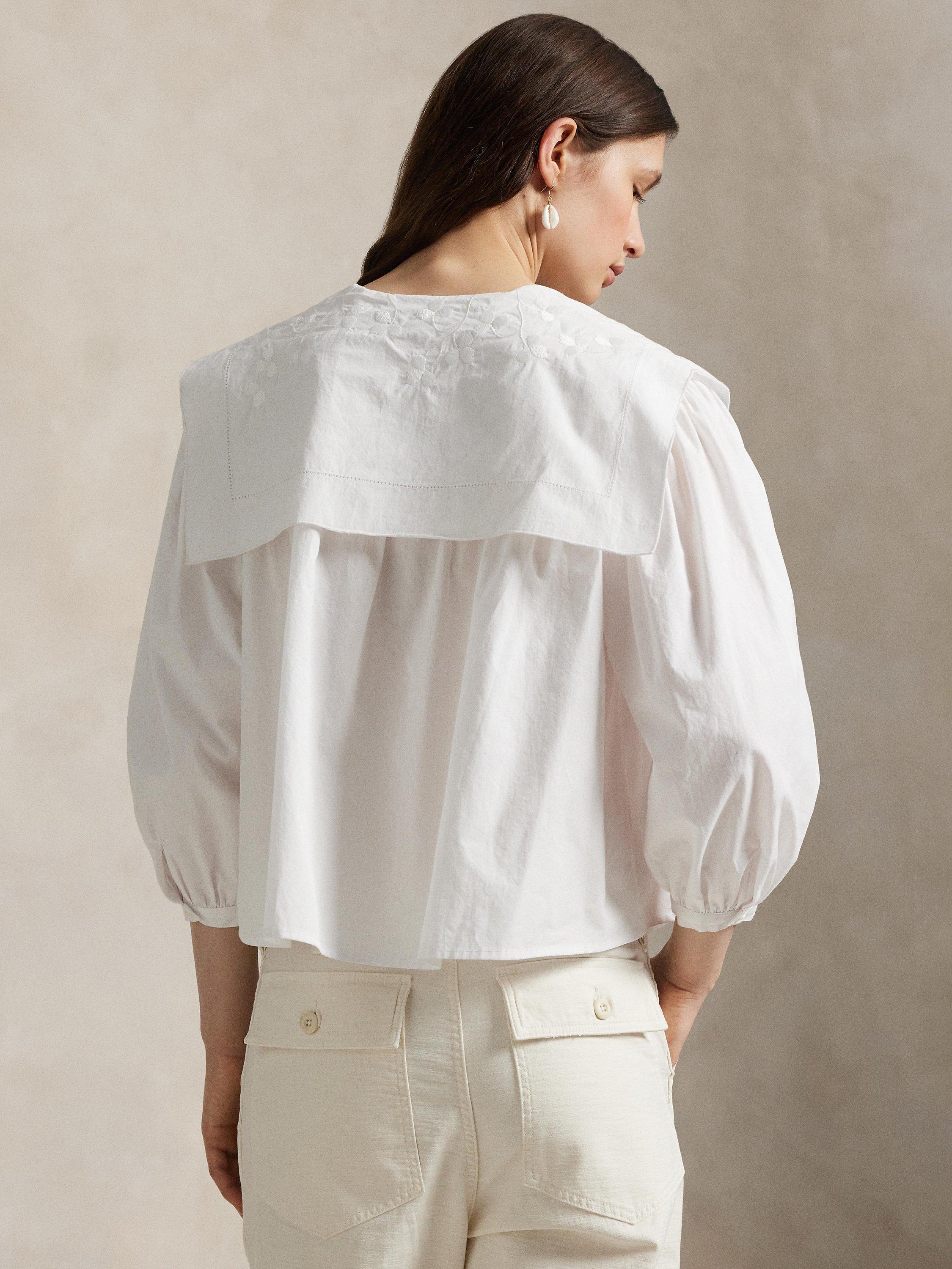 Product image 4 of 5, which shows Ralph Lauren Cotton Poplin Bib Blouse, White, 12