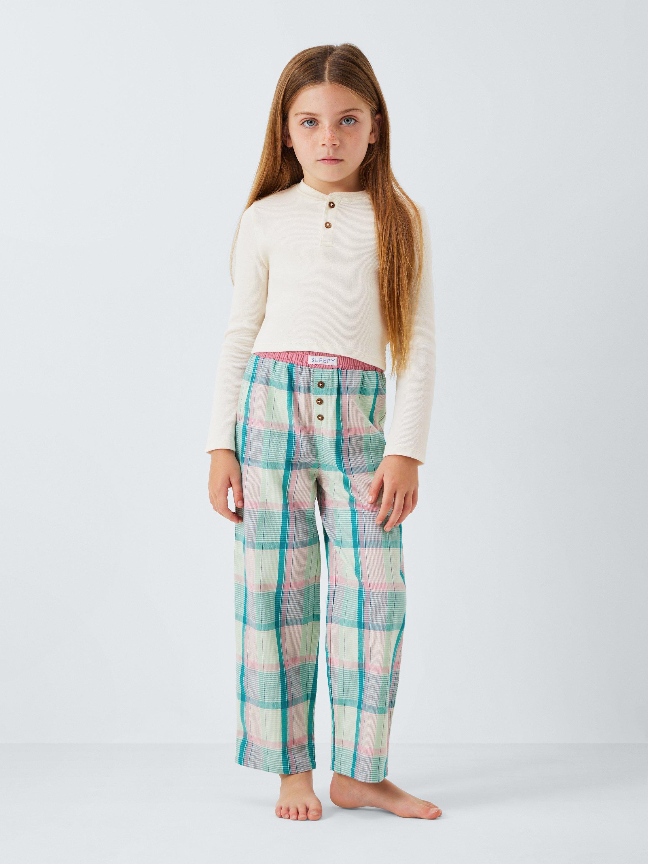 Product image 1 of 7, which shows John Lewis Kids' Cotton Long Sleeved Checked Pyjamas, Green, 5 years