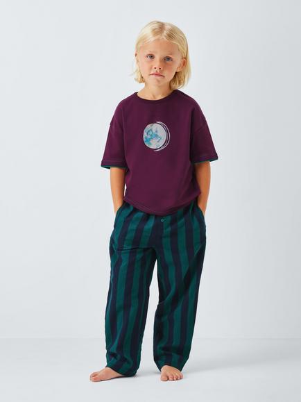 John Lewis Kids' T-Shirt & Woven Rugby Stripe Pyjama Bottoms, Purple, Purple