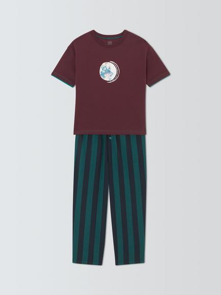 John Lewis Kids' T-Shirt & Woven Rugby Stripe Pyjama Bottoms, Purple - view 2, Purple