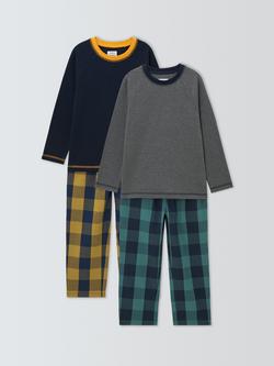 John Lewis Kids' Cotton Long Sleeved Checked Pyjamas, Pack of 2, Blue, Blue