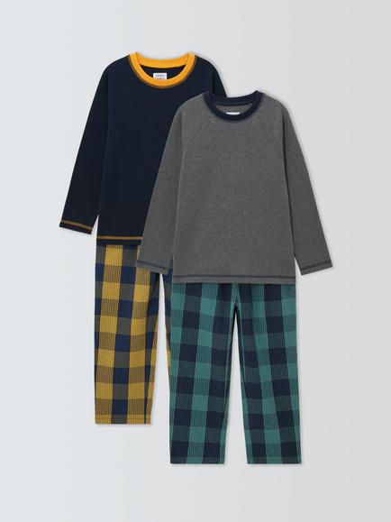 John Lewis Kids' Cotton Long Sleeved Checked Pyjamas, Pack of 2, Blue, Blue