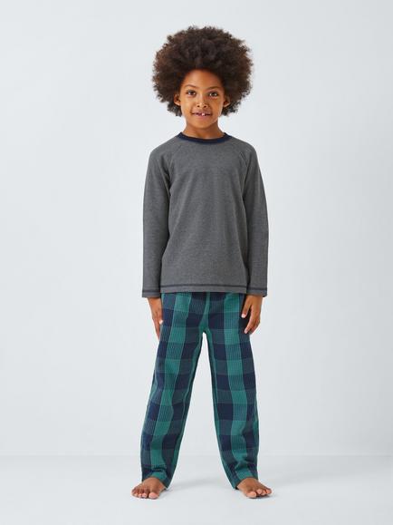 John Lewis Kids' Cotton Long Sleeved Checked Pyjamas, Pack of 2, Blue - view 2, Blue