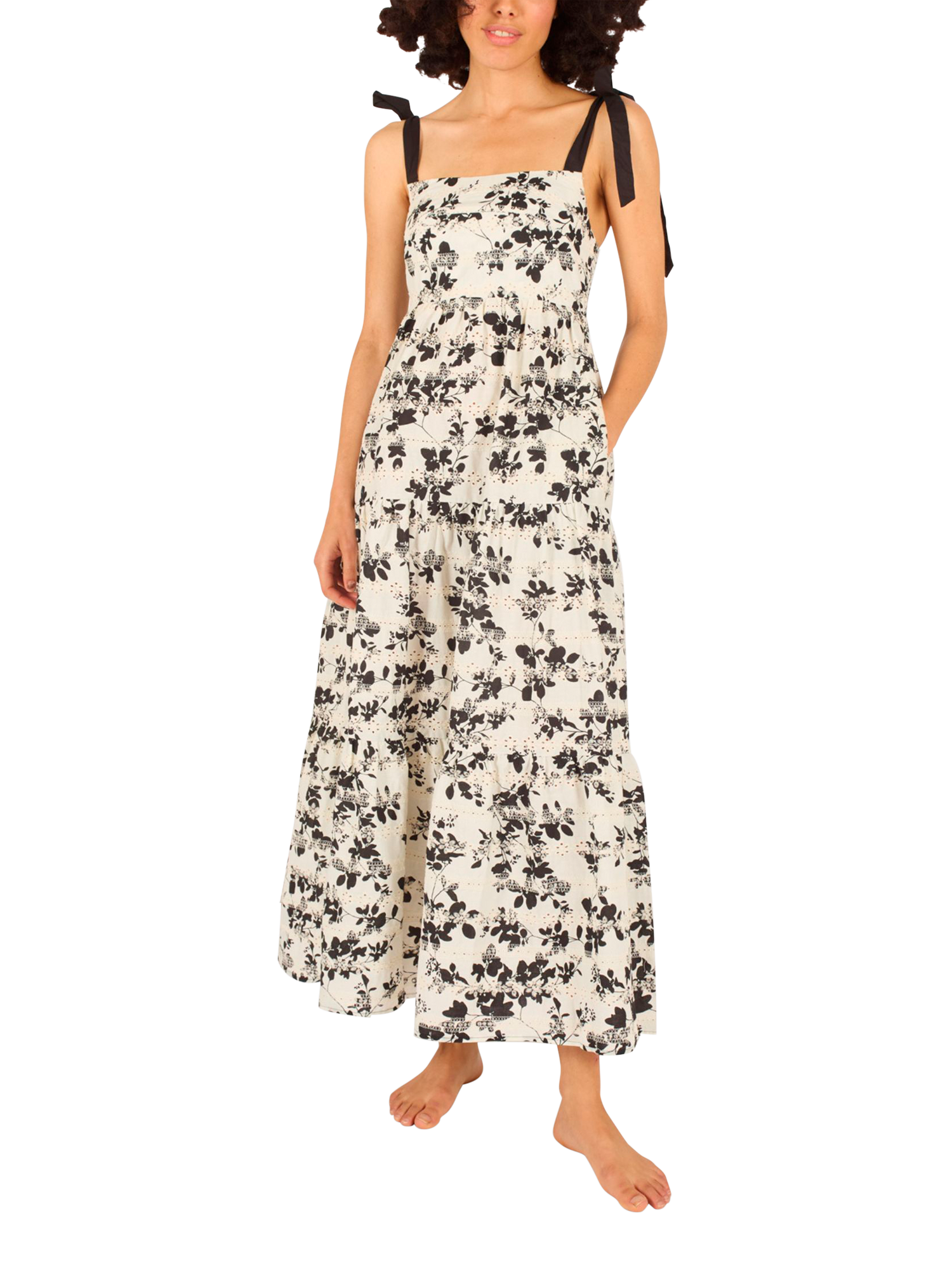Product image 1 of 6, which shows Traffic People Lily Long Hot Summer Floral Dress, Black/White, XS