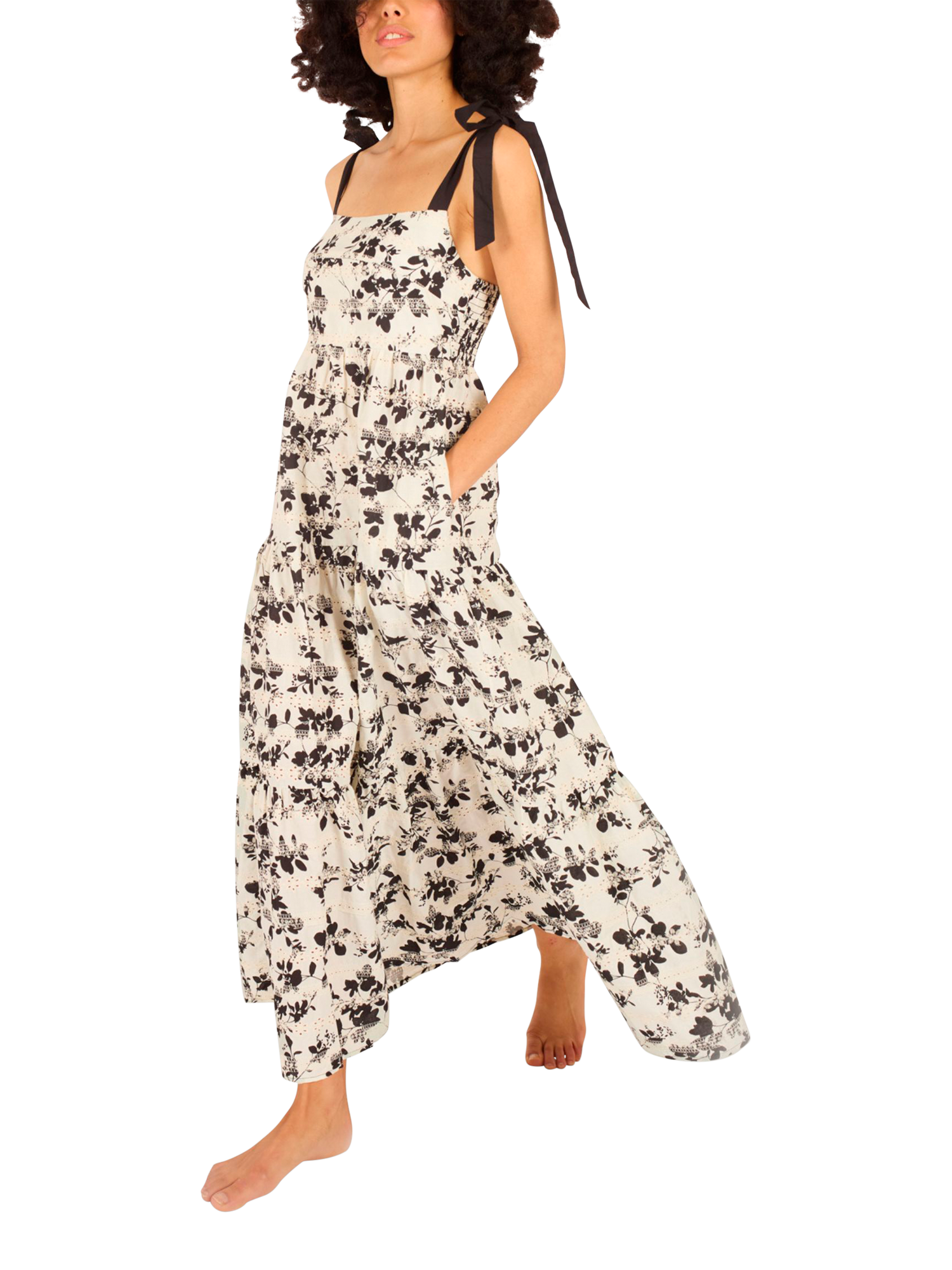 Product image 2 of 6, which shows Traffic People Lily Long Hot Summer Floral Dress, Black/White, XS