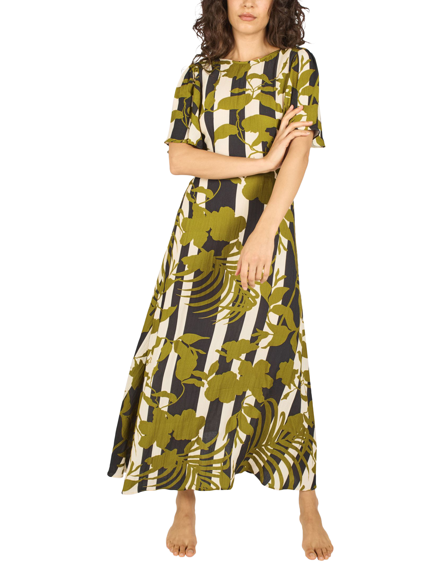 Product image 1 of 6, which shows Traffic People Rene The Archive Linen Rich Dress, Black/Olive, XS