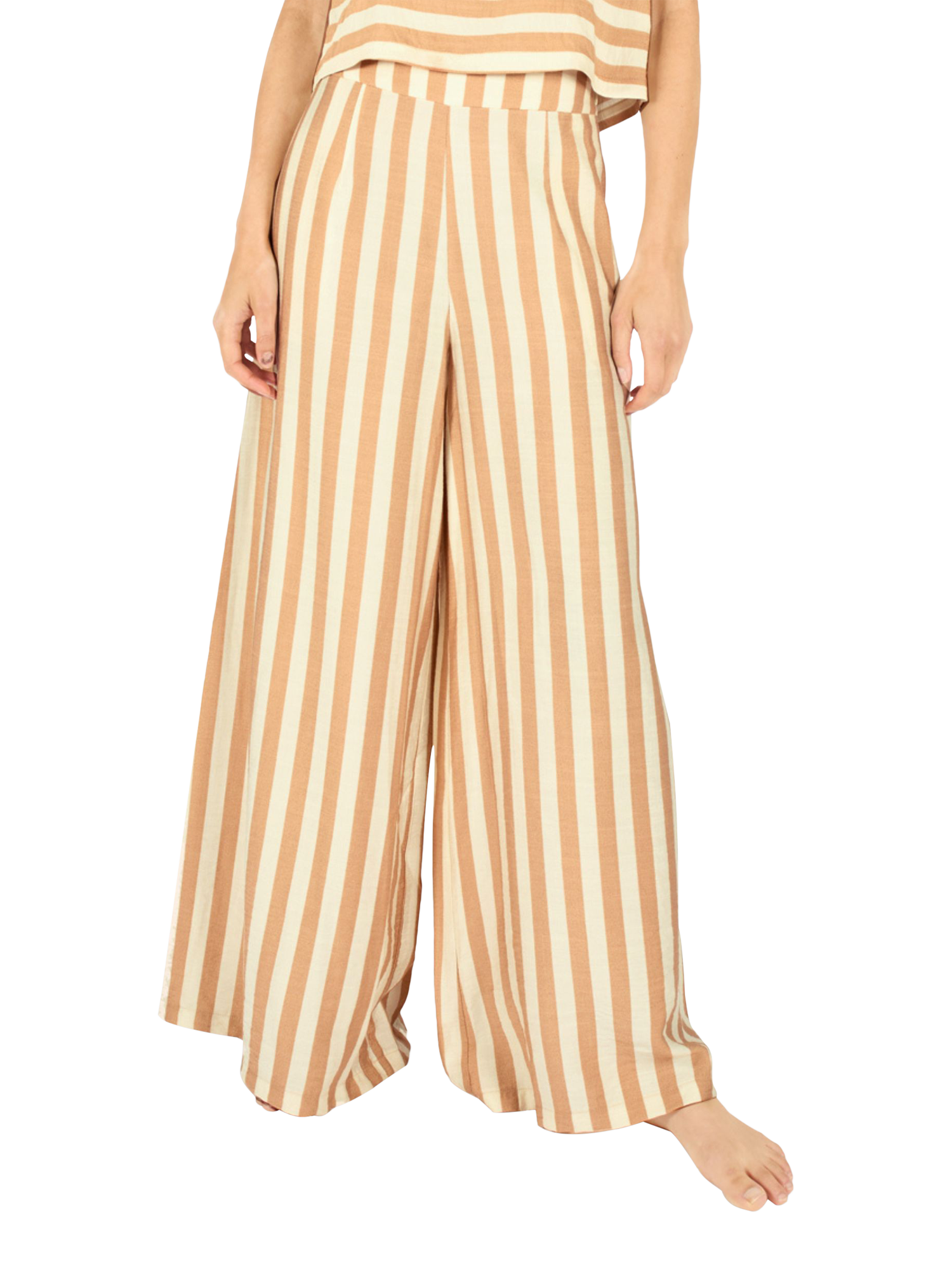 Product image 1 of 6, which shows Traffic People Brighton Rock Stripe Wide Leg Trousers, Brown, XS