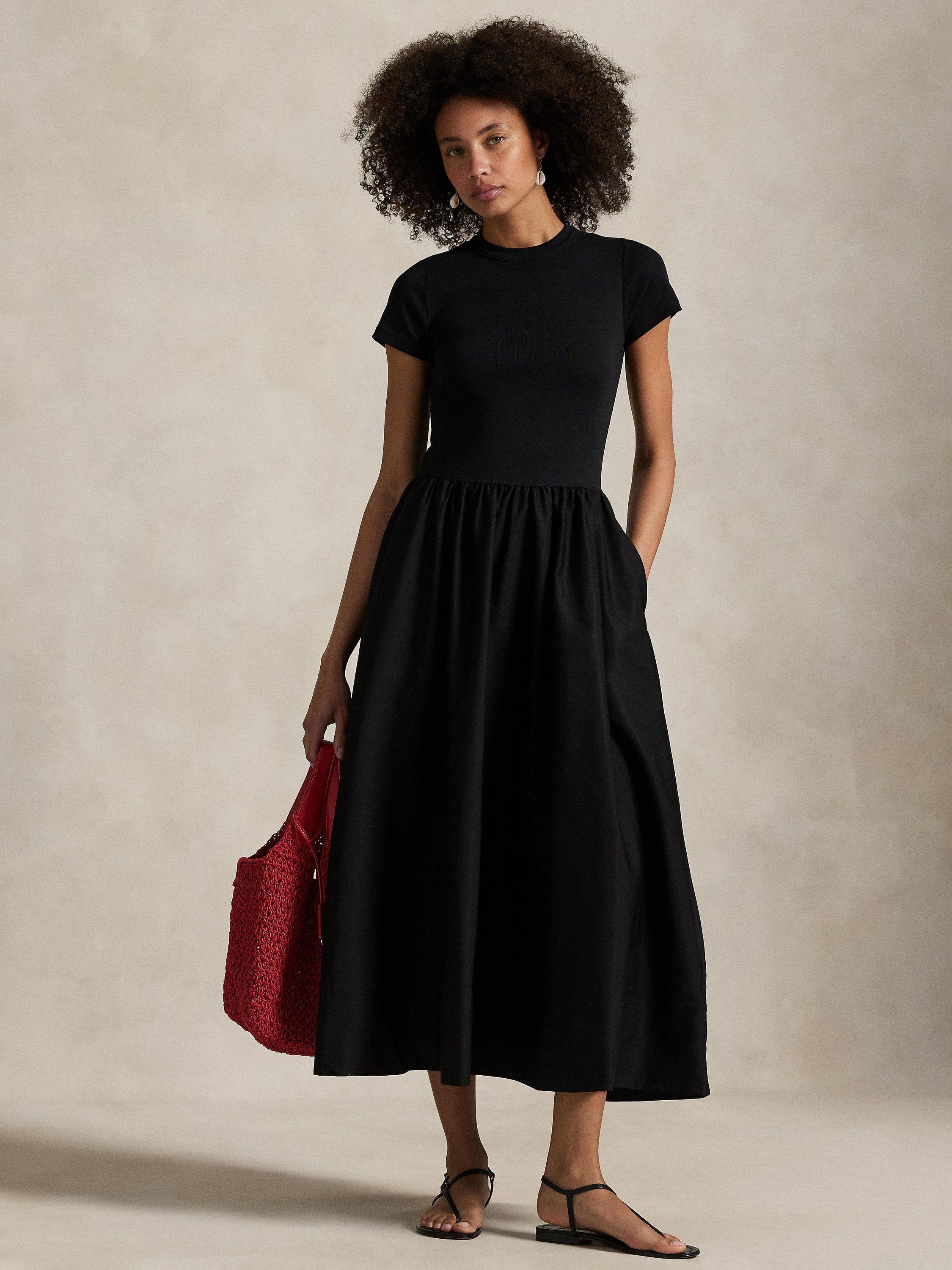 Product image 1 of 4, which shows Polo Ralph Lauren Short Sleeve Cotton Knit Midi Dress, Black, XS