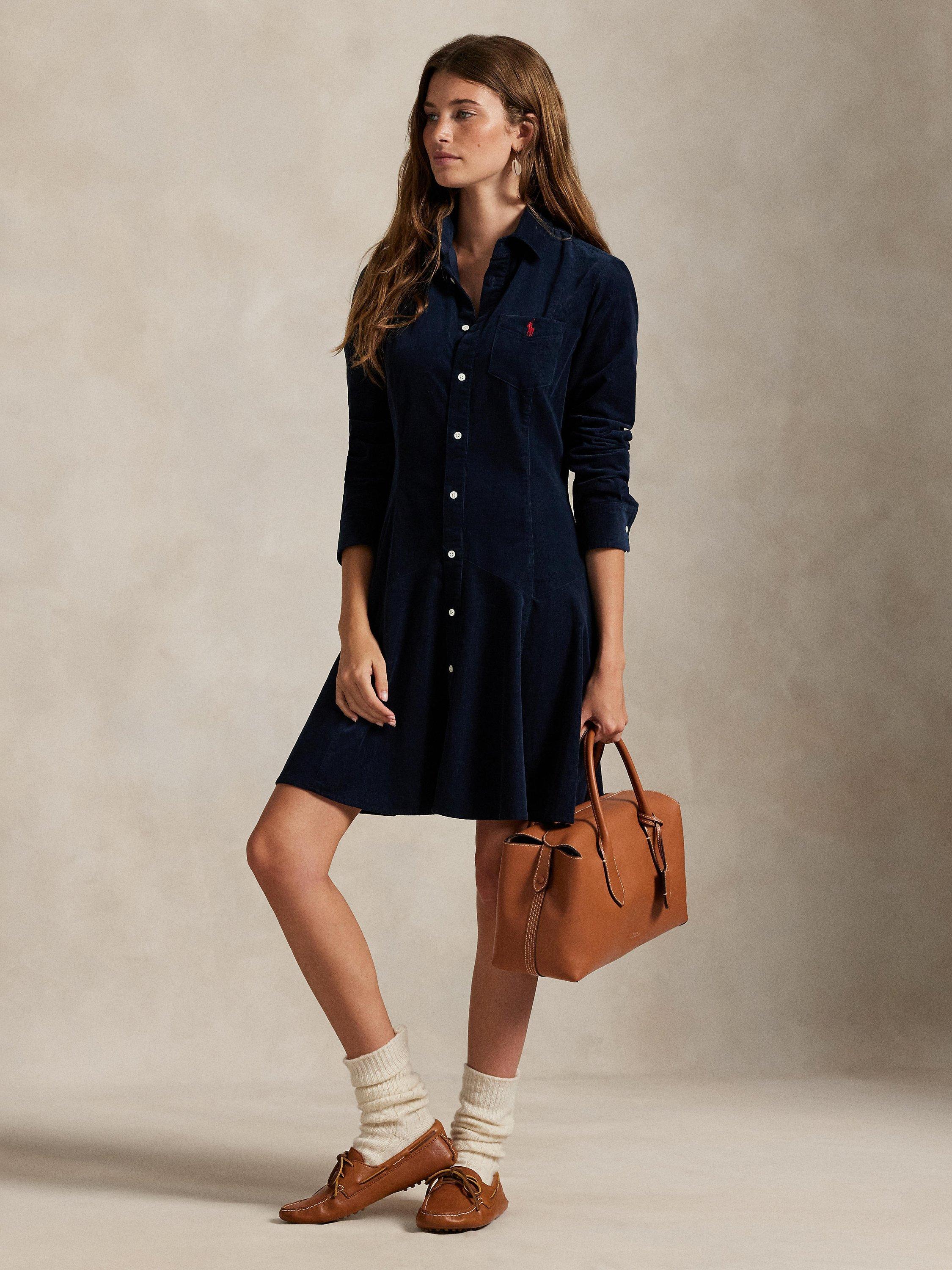 Ralph Lauren Corduroy Long Sleeved A-Line Shirt Dress, Navy