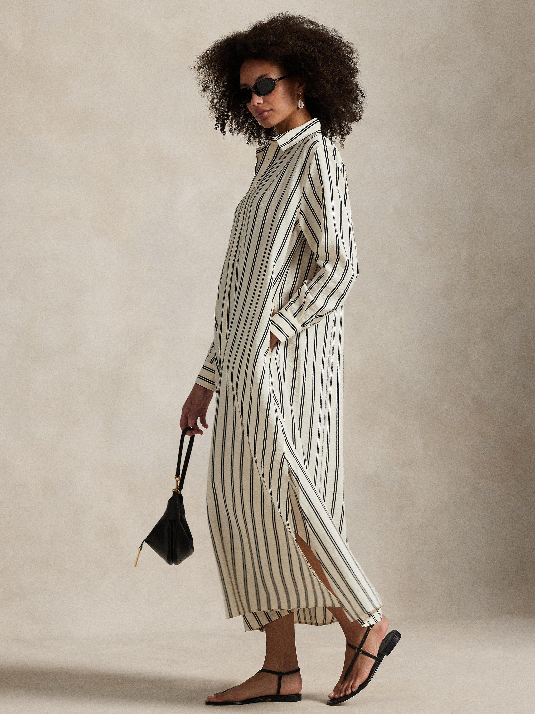 Product image 1 of 4, which shows Ralph Lauren Silk Blend Striped Shirt Dress, White/Black, 8