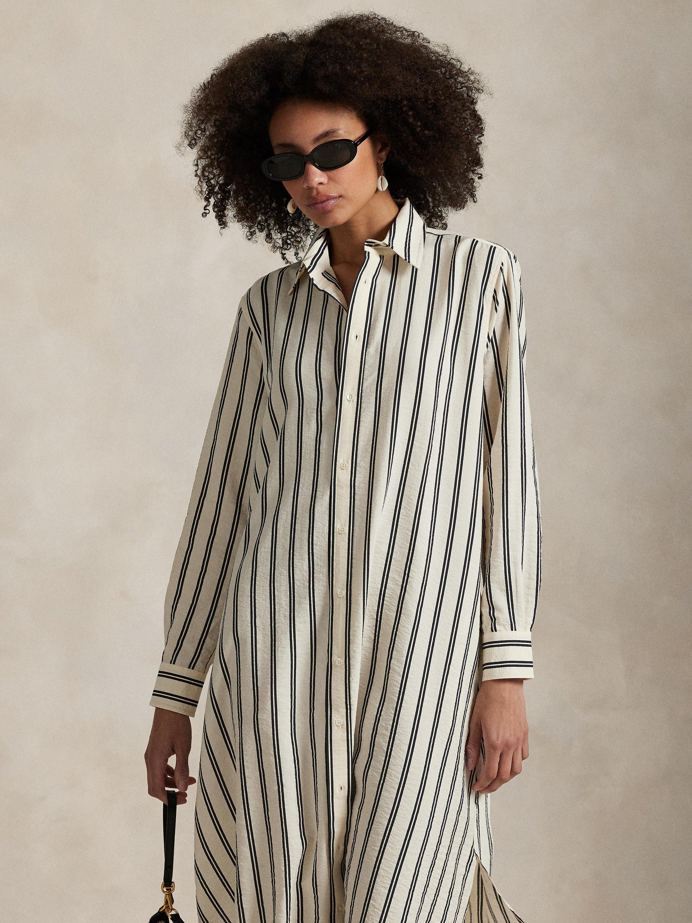 Product image 2 of 4, which shows Ralph Lauren Silk Blend Striped Shirt Dress, White/Black, 8
