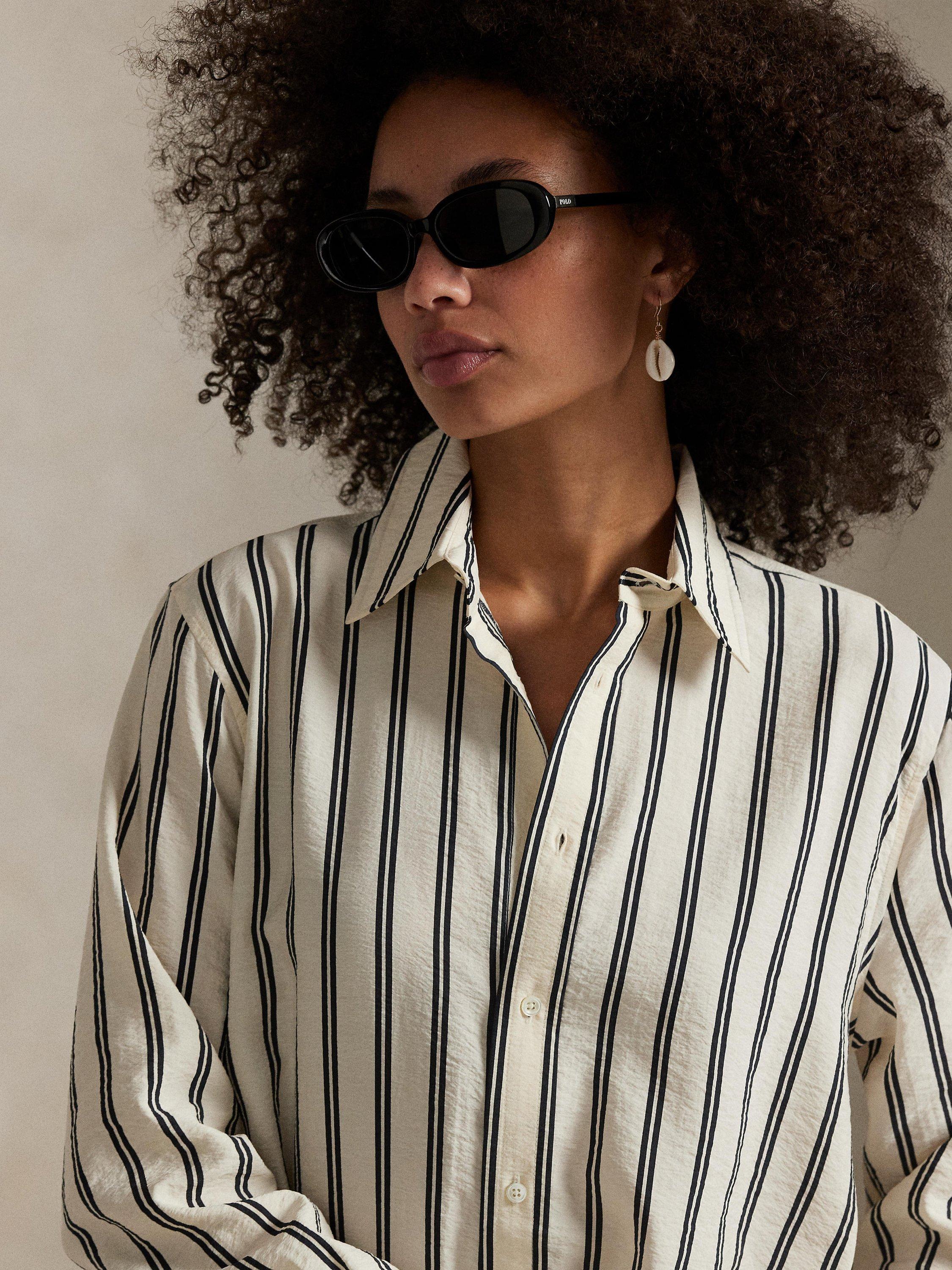 Product image 3 of 4, which shows Ralph Lauren Silk Blend Striped Shirt Dress, White/Black, 8