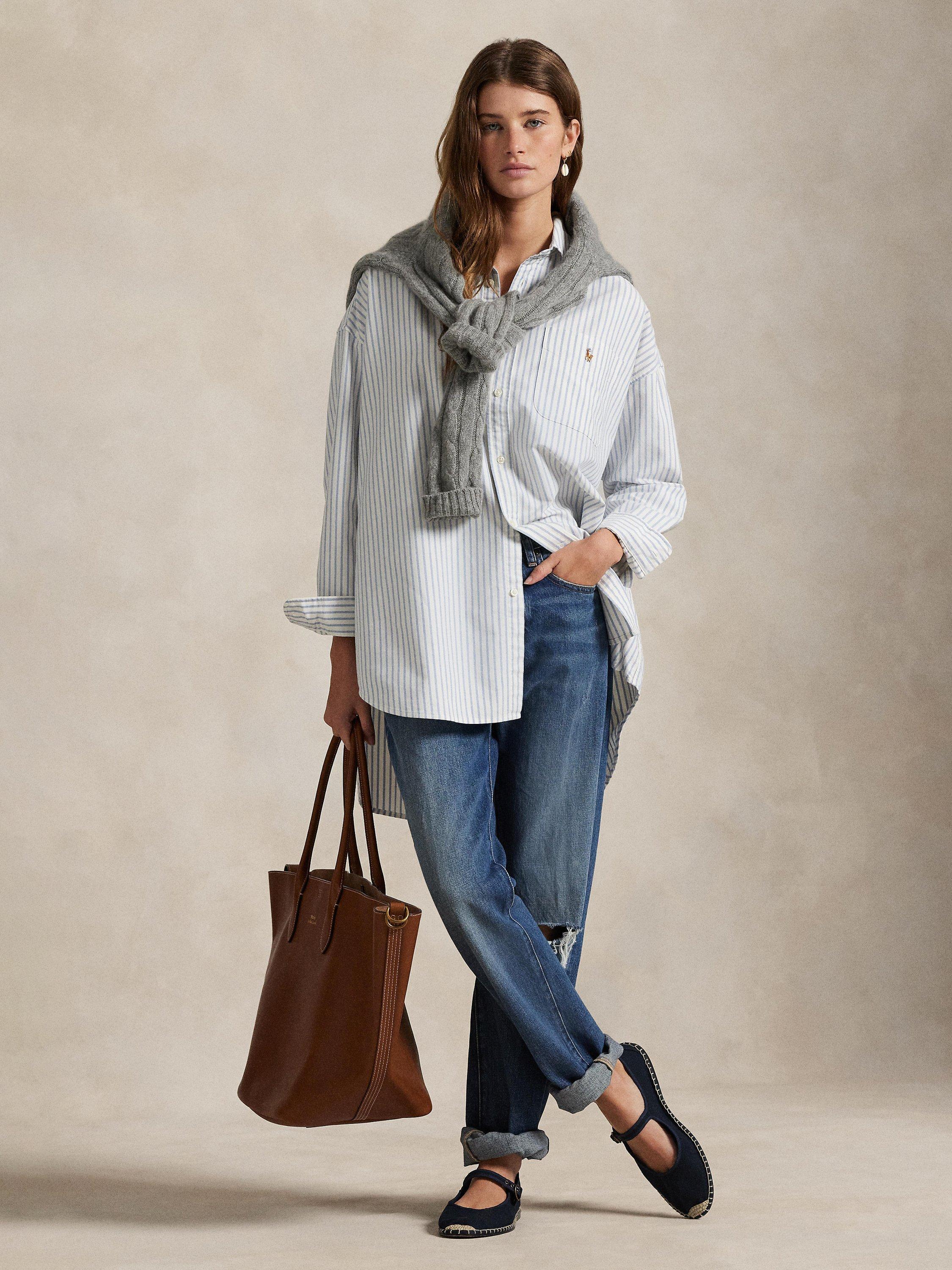 Product image 1 of 4, which shows Polo Ralph Lauren Big Oxford Stripe Shirt, White/Blue, XS
