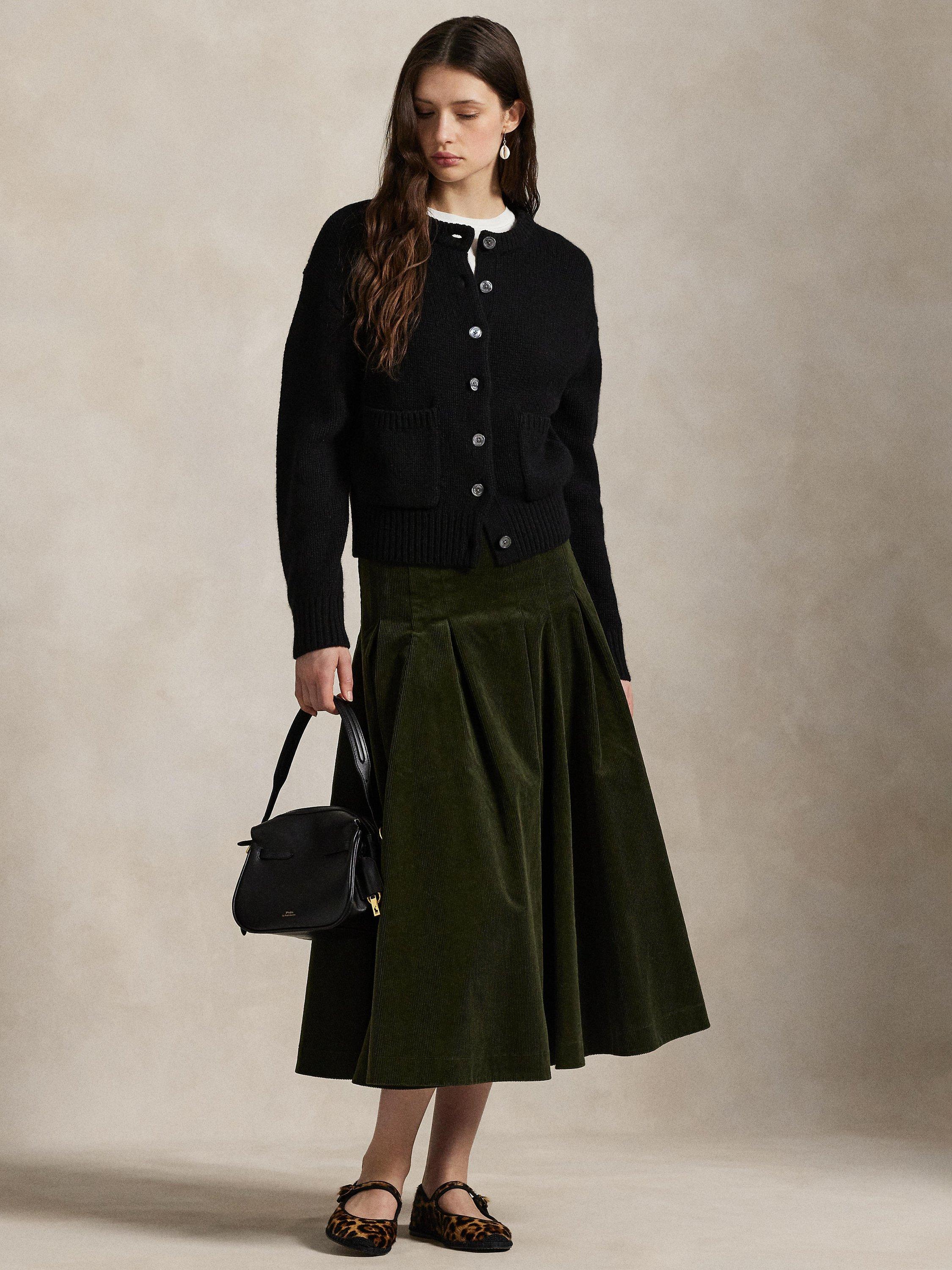 Ralph Lauren Pleated Corduroy A-Line Midi Skirt