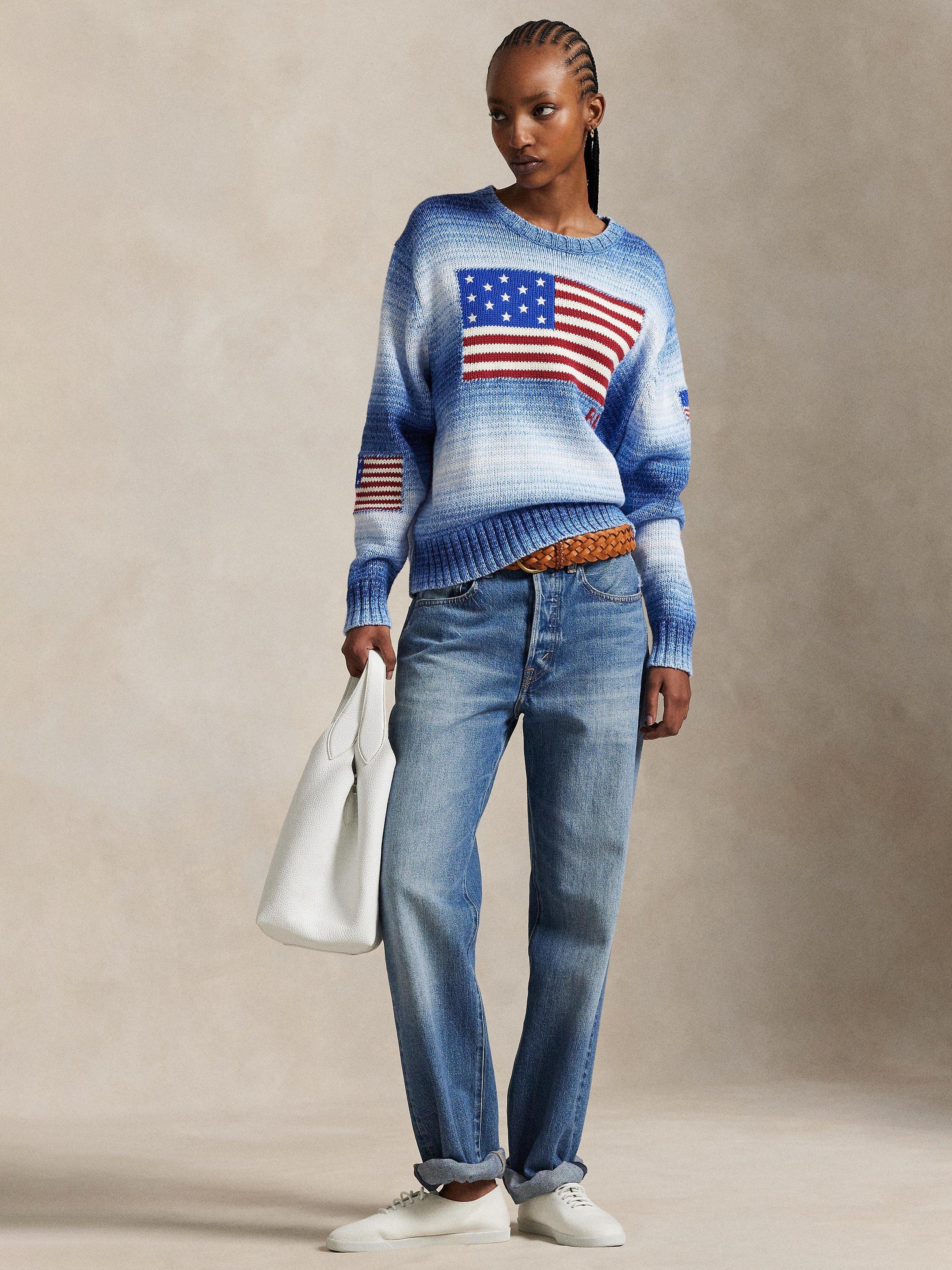 Product image 1 of 4, which shows Ralph Lauren Cotton Knit Relaxed Flag Sweater, Blue/Multi, XS