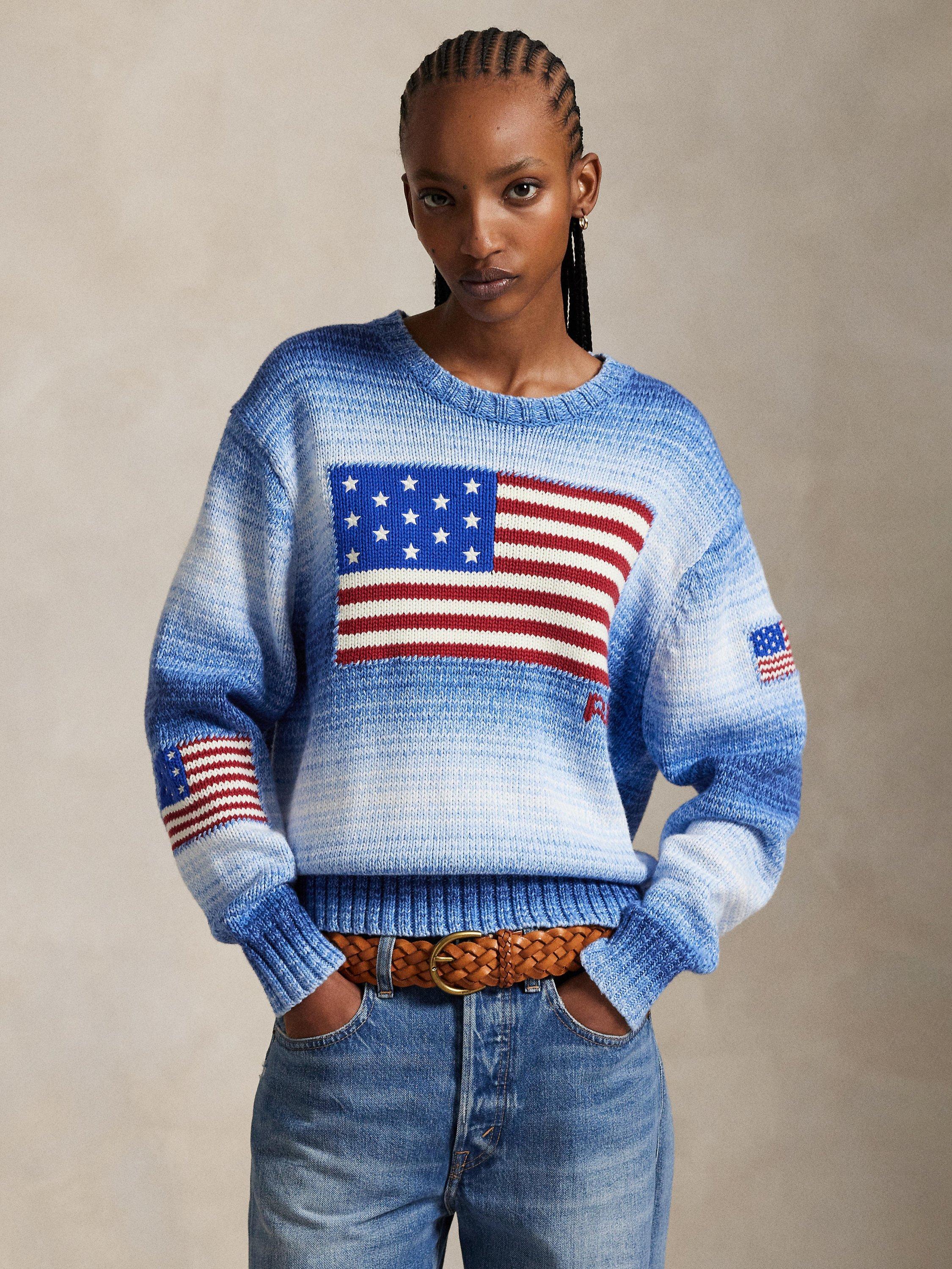 Product image 2 of 4, which shows Ralph Lauren Cotton Knit Relaxed Flag Sweater, Blue/Multi, XS