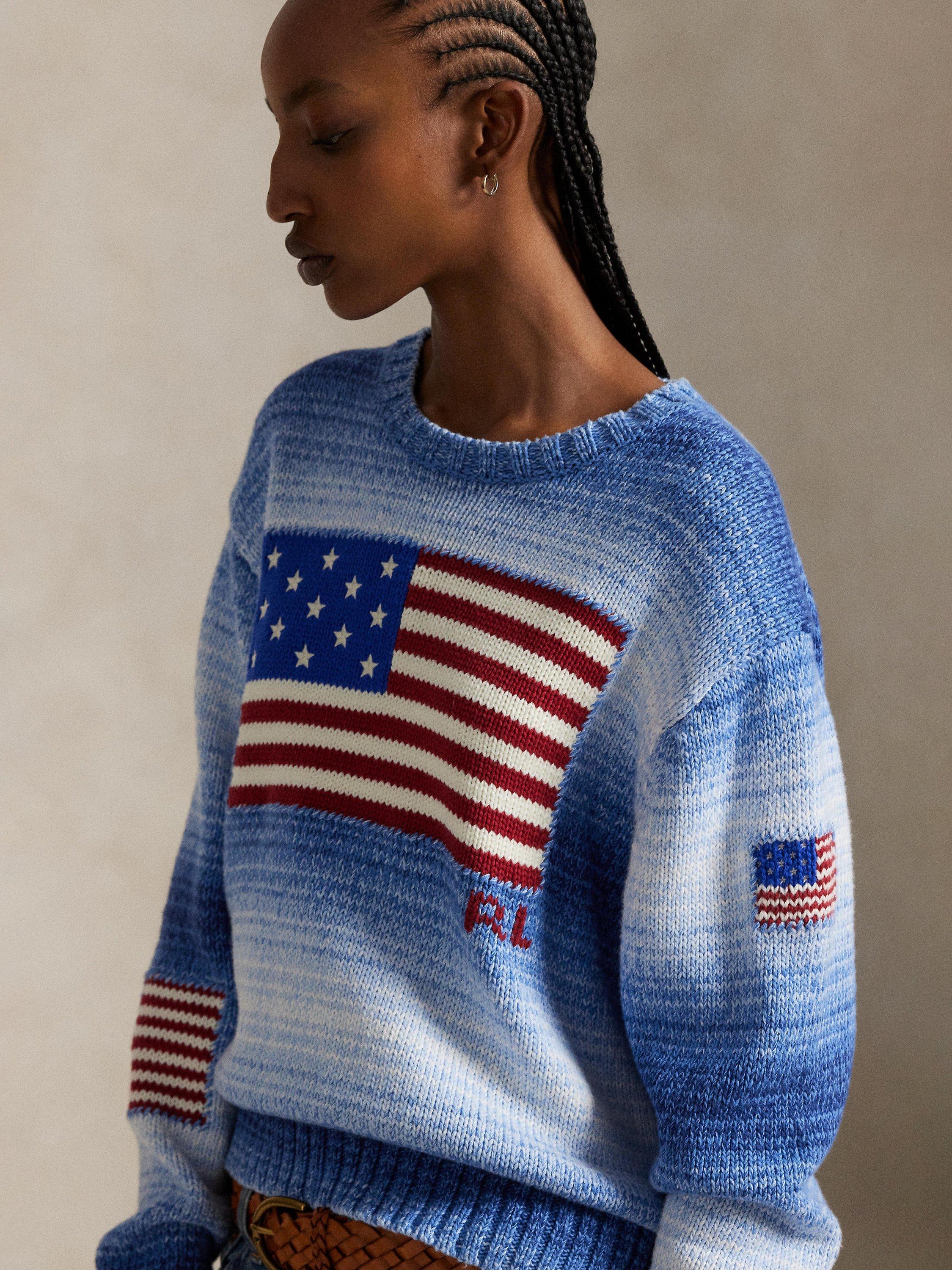 Product image 3 of 4, which shows Ralph Lauren Cotton Knit Relaxed Flag Sweater, Blue/Multi, XS