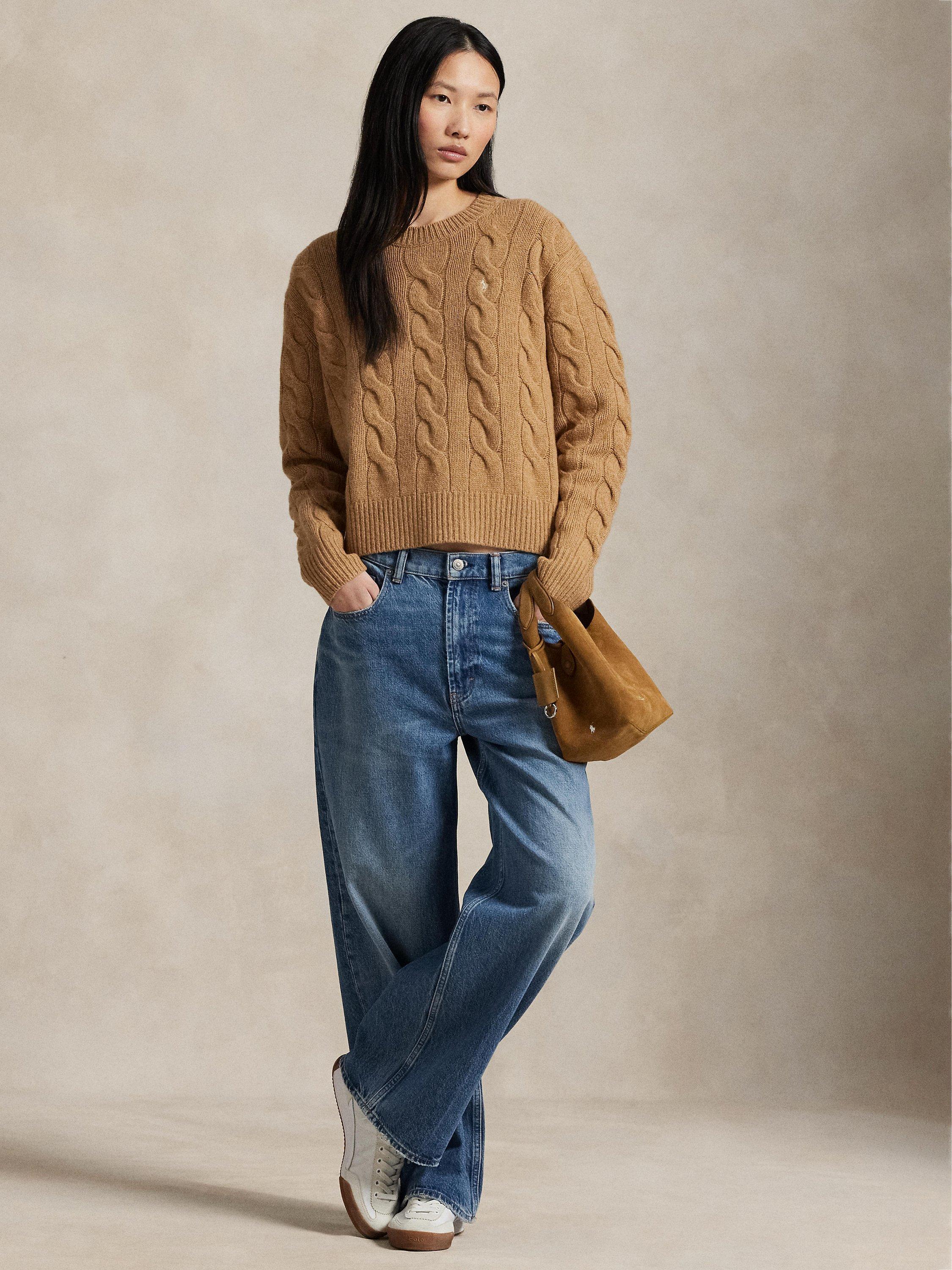 Product image 1 of 5, which shows Polo Ralph Lauren Wool Blend Cable Knit Jumper, Light Brown, XS