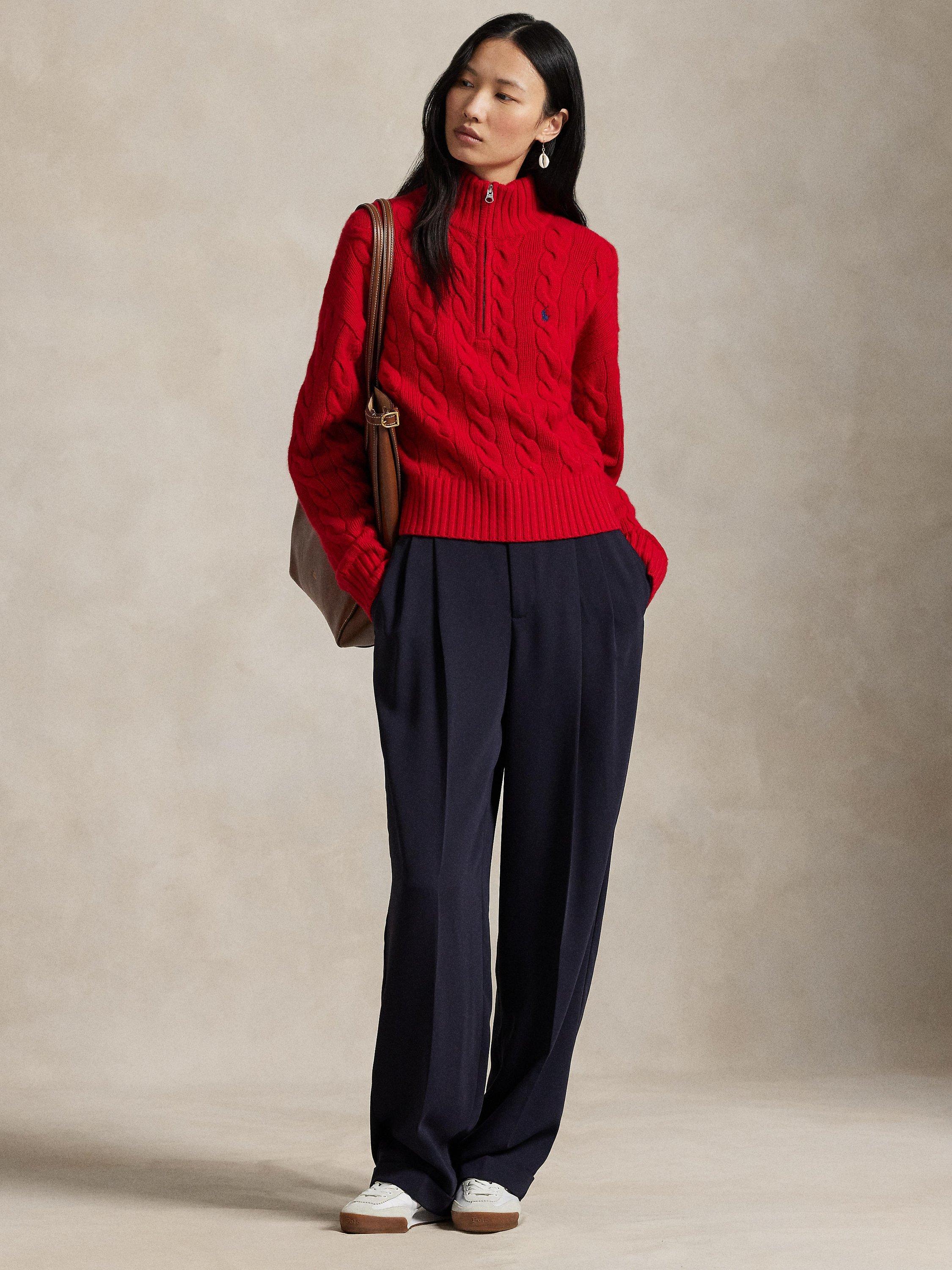 Ralph Lauren Wool Blend Cable Knit Relaxed Half Zip Sweater, Red