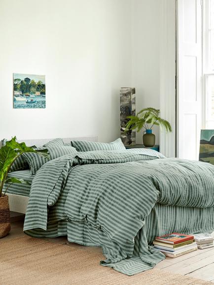 Piglet in Bed Pembroke Stripe Linen Bedding - view 2, Pine Green