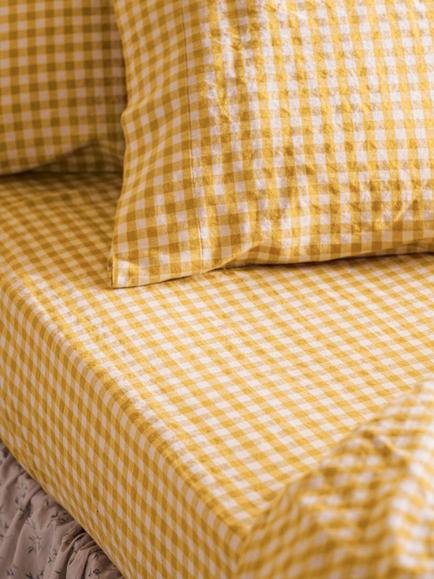 Piglet in Bed Gingham Linen Blend Fitted Sheet, Honey