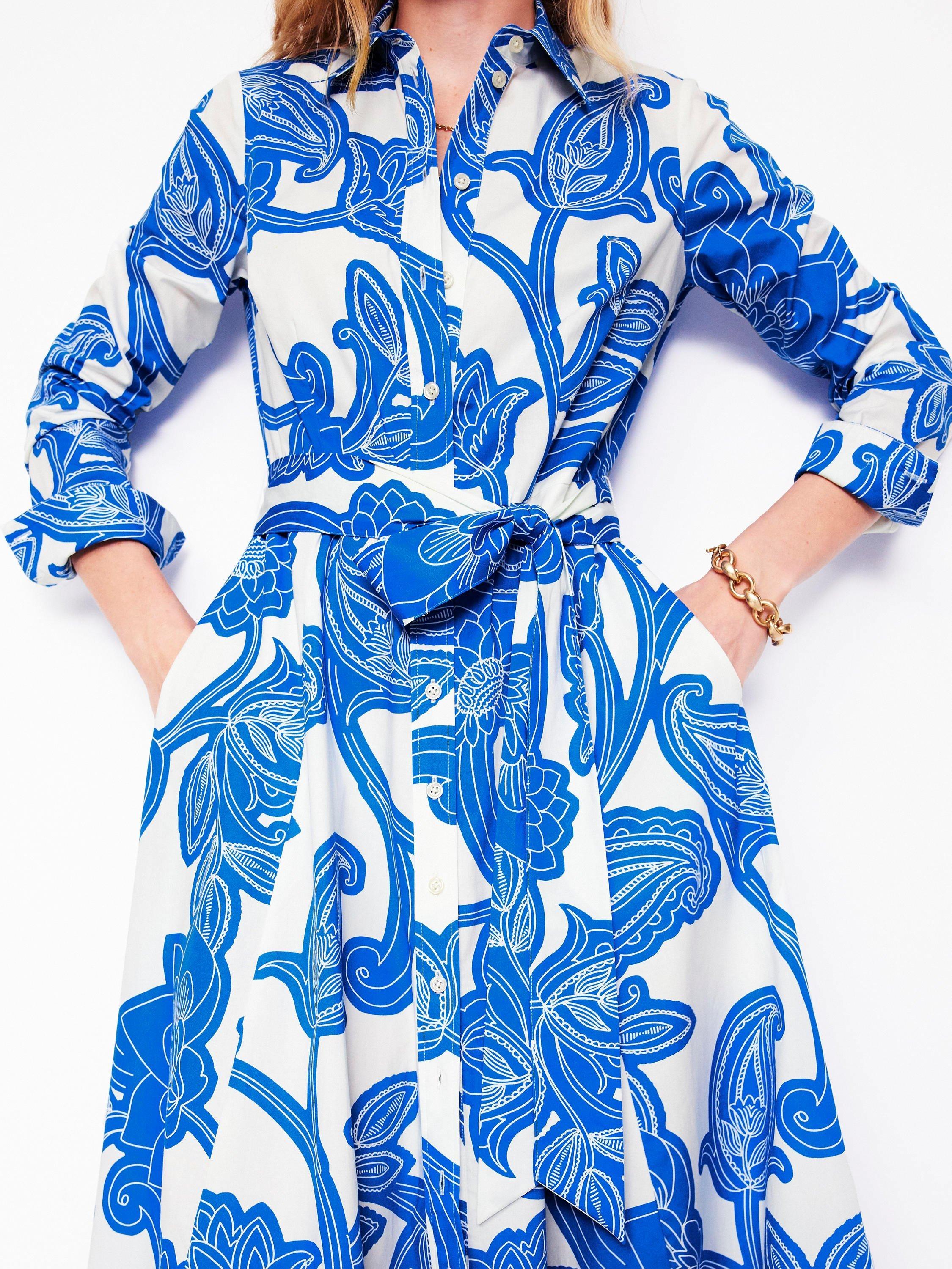 Product image 2 of 5, which shows Boden Amy Floral Midi Shirt Dress, Blue/Multi, 8