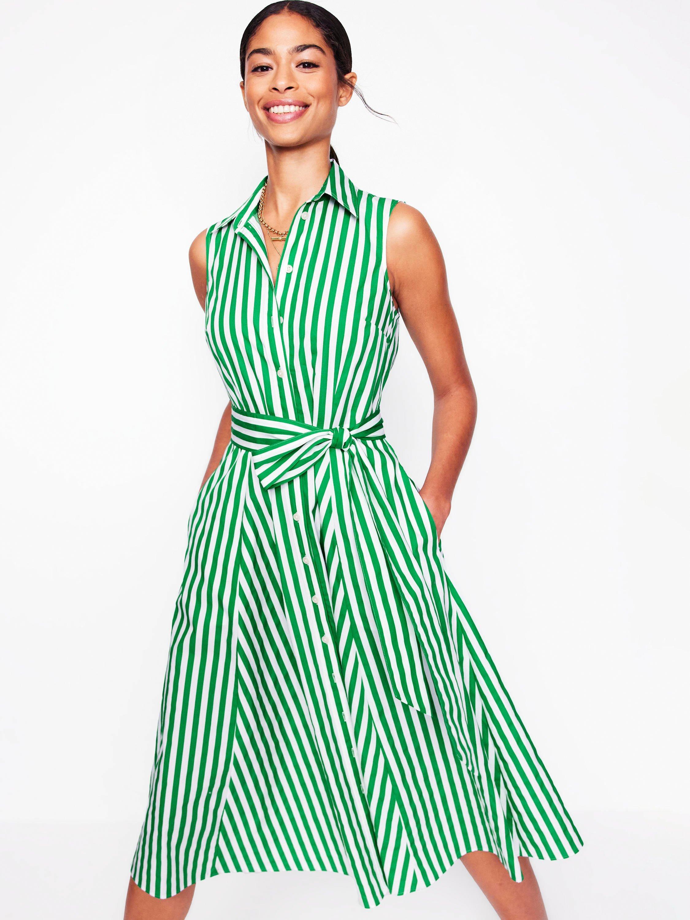 Product image 1 of 5, which shows Boden Amy Stripe Sleeveless Shirt Dress, Green/White, 18
