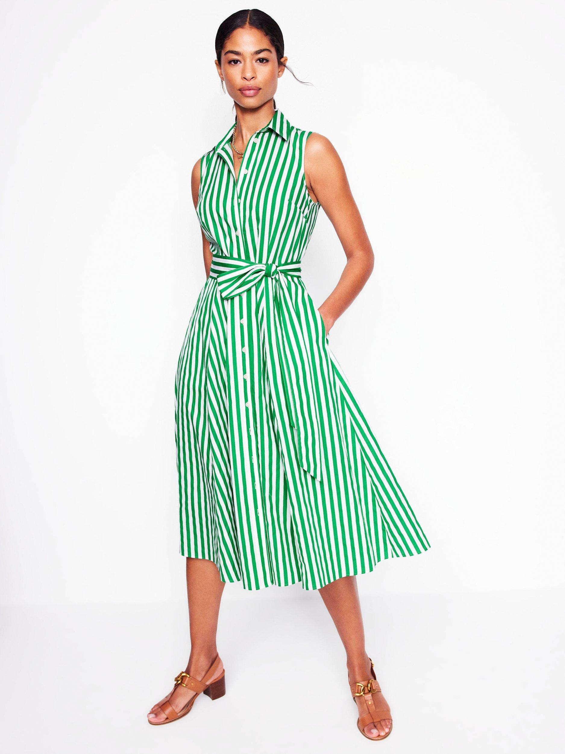Product image 4 of 5, which shows Boden Amy Stripe Sleeveless Shirt Dress, Green/White, 18