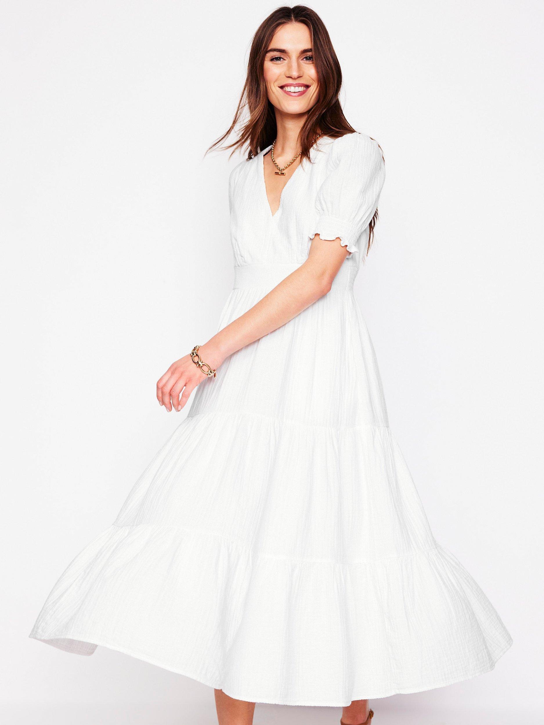 Product image 1 of 5, which shows Boden Anna Double Cloth Cotton Midi Dress, White, 12