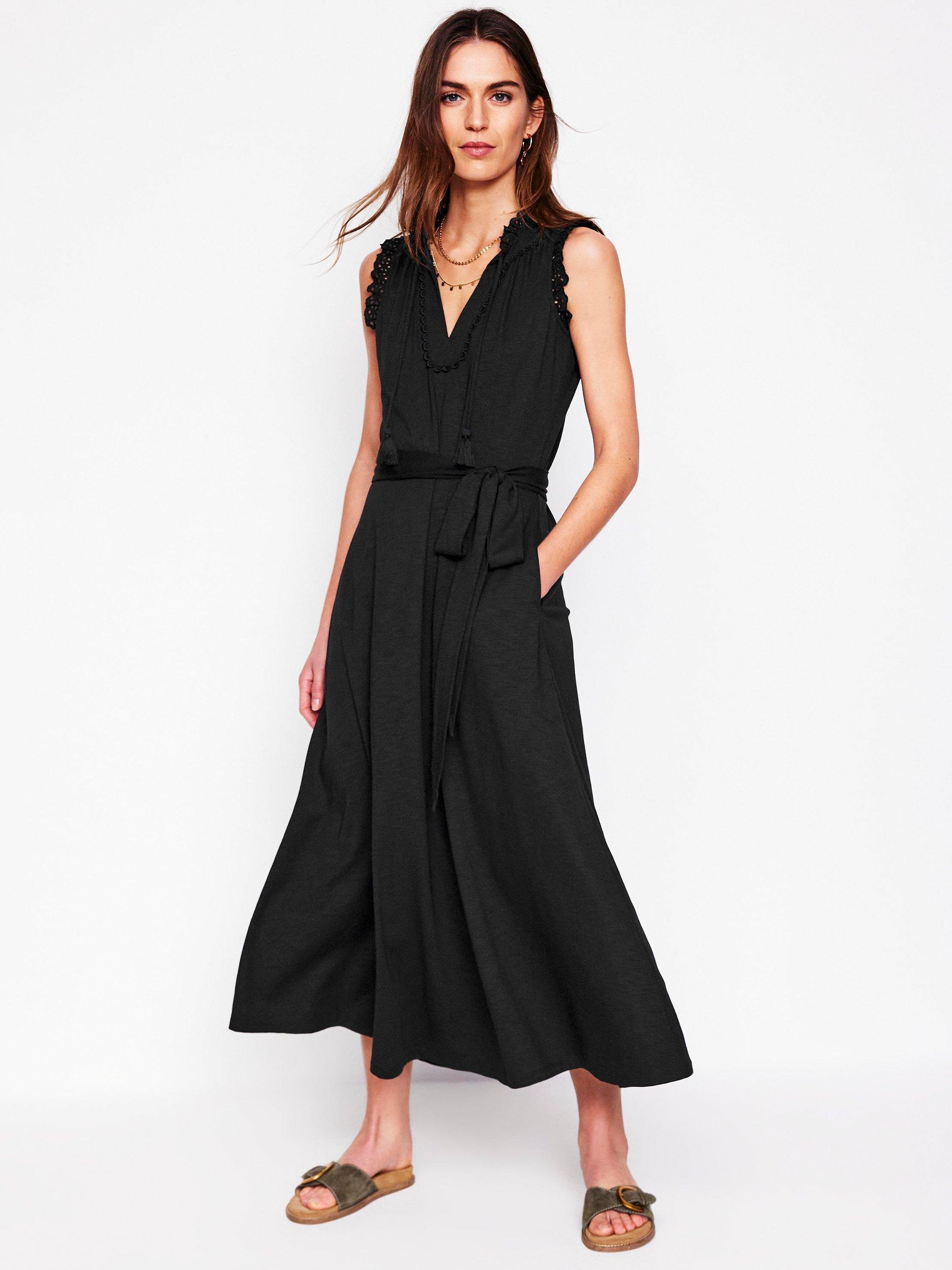 Product image 1 of 5, which shows Boden Aria Broderie Trim Cotton Modal Midi Dress, Black, 8