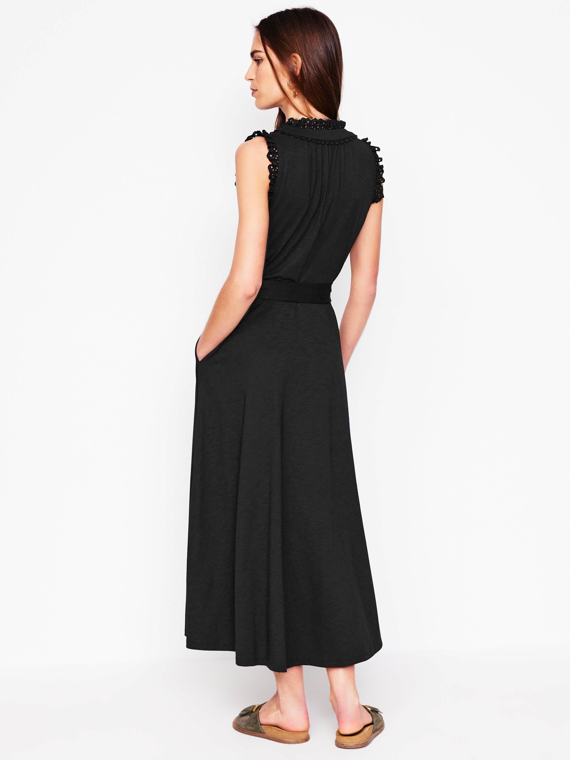 Product image 4 of 5, which shows Boden Aria Broderie Trim Cotton Modal Midi Dress, Black, 8